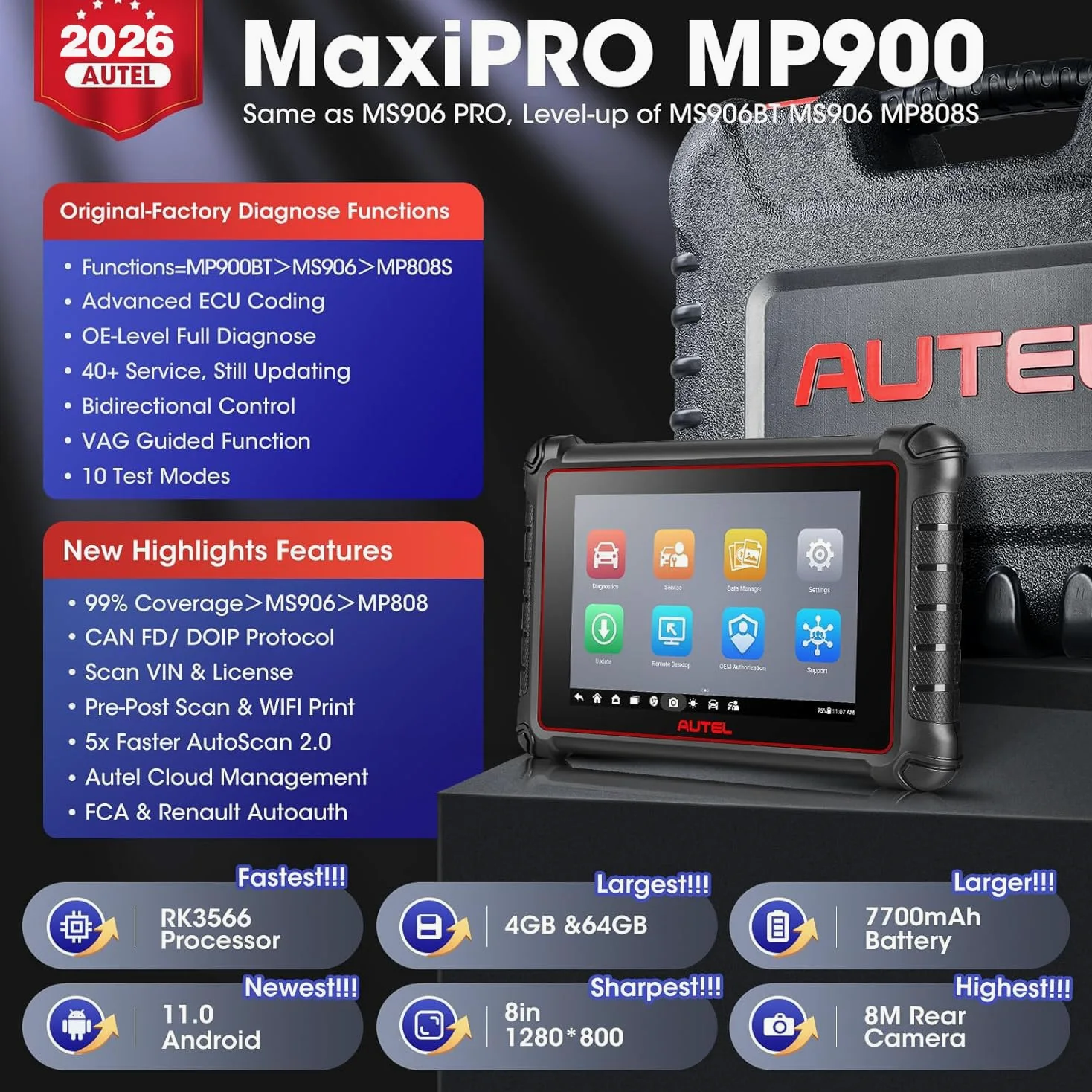 Autel MaxiPRO MP900 Diagnosis, Codificación ECU como MP900BT MS906 Pro | 3K+ Pruebas Activas, 40+ Servicios, CAN FD & DOIP, Impresión WiFi, 2026 Más Reciente MP900E MP900E Kit MK900 MX900 MK808S