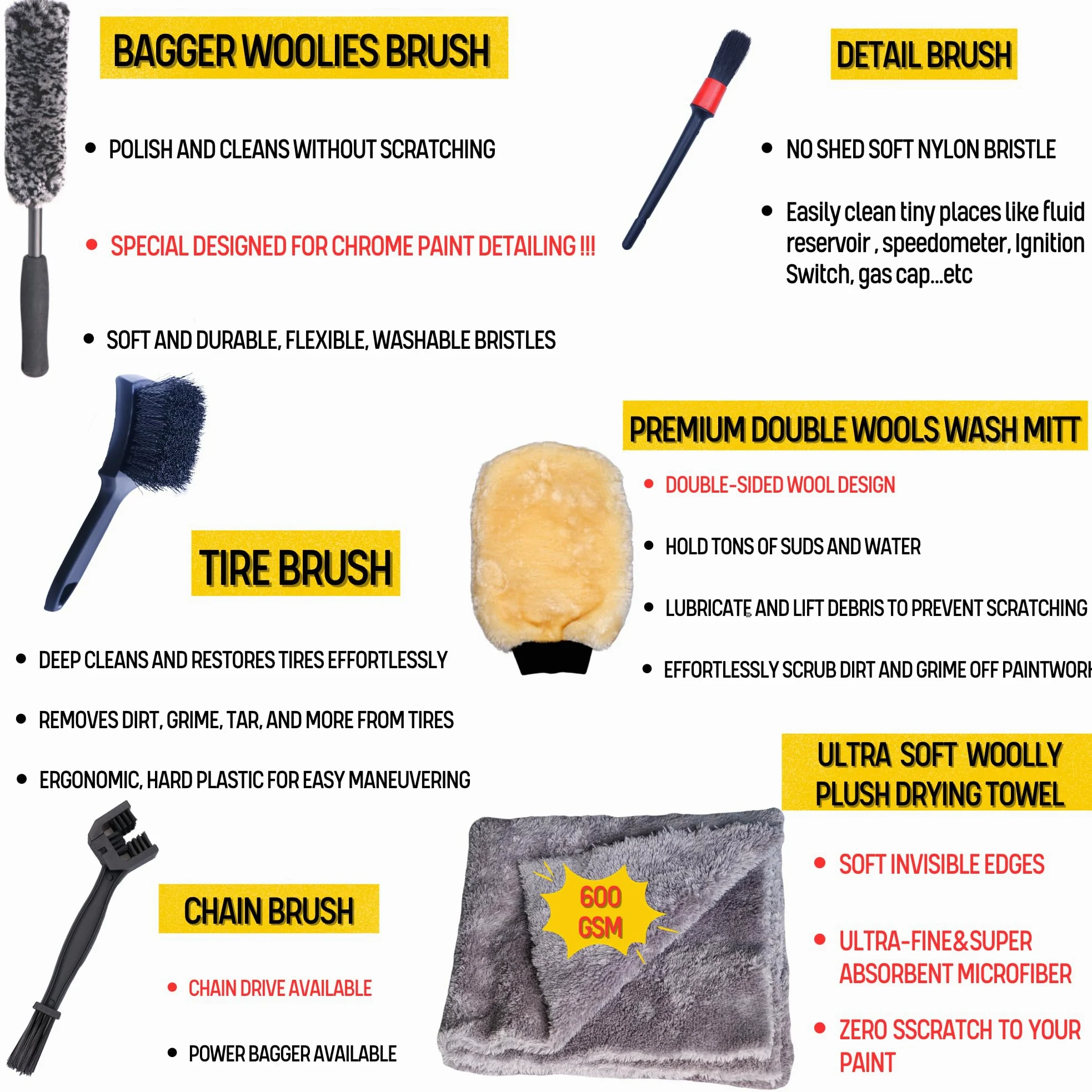 oesee Kit de limpieza de motocicleta, 6 unidades, diseño para cromo, cepillo de lana, guante de lavado de lana, cepillo de neumáticos y cadena, cepillo de detalles y toalla de felpa ultra para