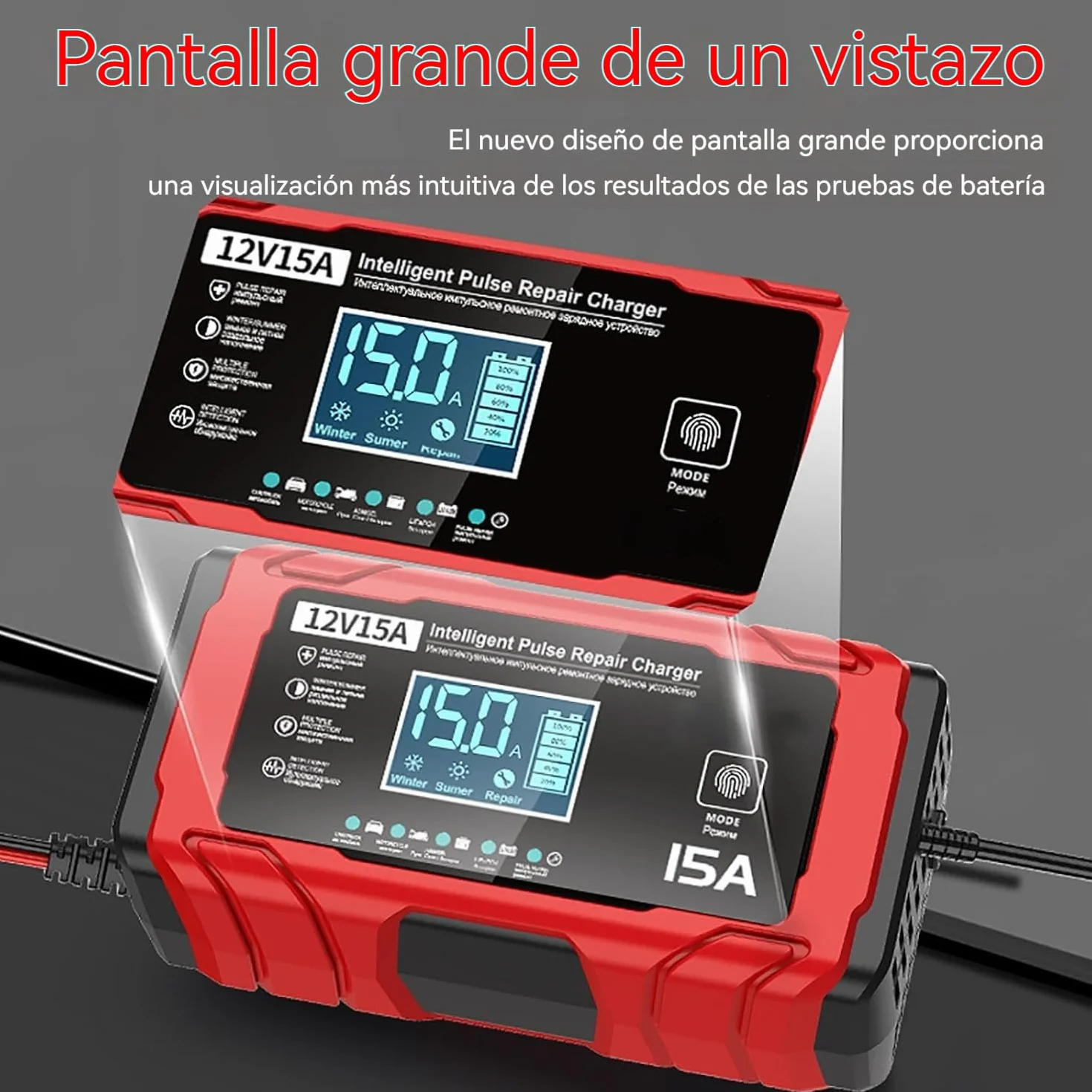 Cargador Baterias Coche 15A - Inteligente Cargador Bateria Moto 12V 15A, Compensación de Temperatura, Apto para Baterías de Plomo-ácido y de Fosfato de Hierro y Litio, Barcos y Motocicletas