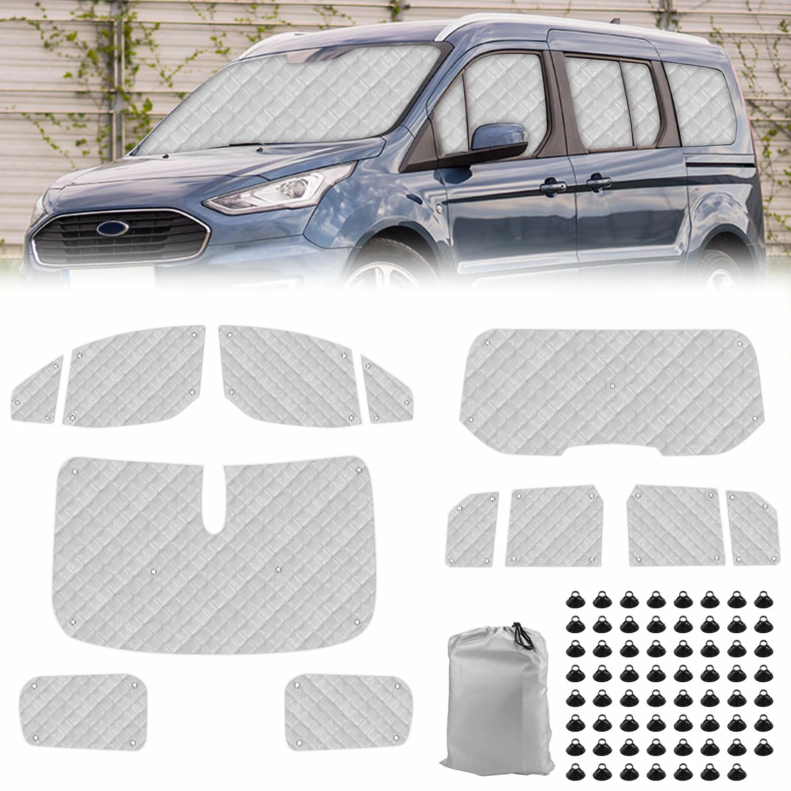 Parasol para Parabrisas Compatible con Ford Grand Tourneo Connect (LWB) 2013-2022, 12 Piezas Juego de Protector de Parabrisas, Juego de Ventana de Persiana Térmica Interior con Bolsa Almacenamiento