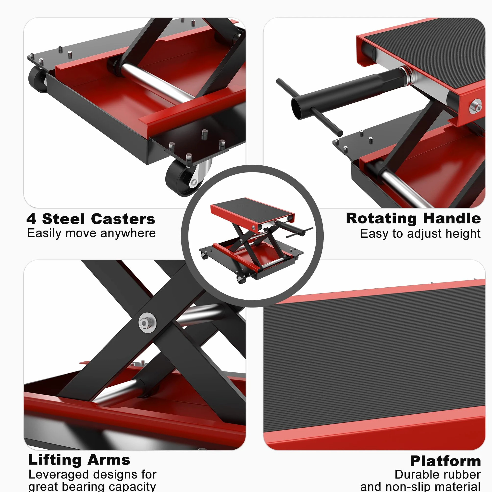 Froadp Elevador de moto con ruedas, plataforma elevadora para reparaciones, altura regulable hasta 500 kg, plataforma elevadora para ATV, quad y motocicletas, garaje y uso al aire libre
