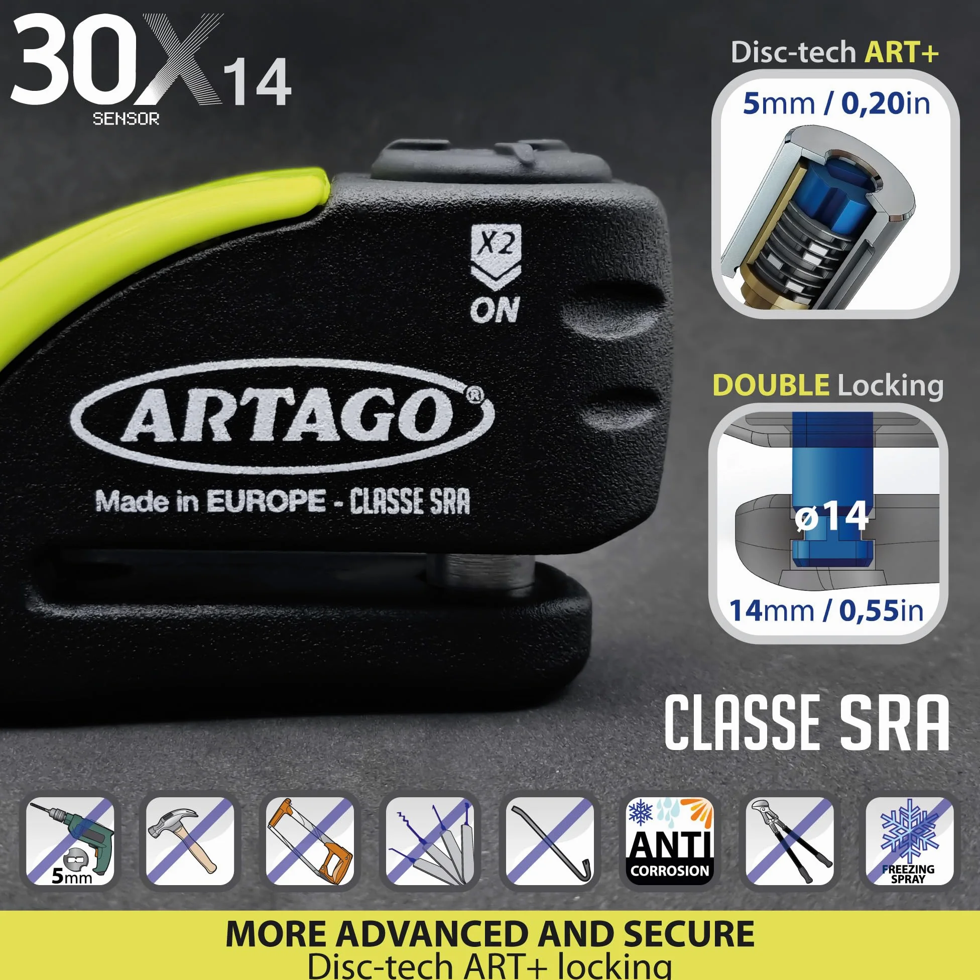 Artago 30X7 Pack Candado Antirrobo Disco con Alarma 120db Alta Seguridad + Soporte para Honda CB650F y CBR650F, Homologado SRA y Sold Secure Gold