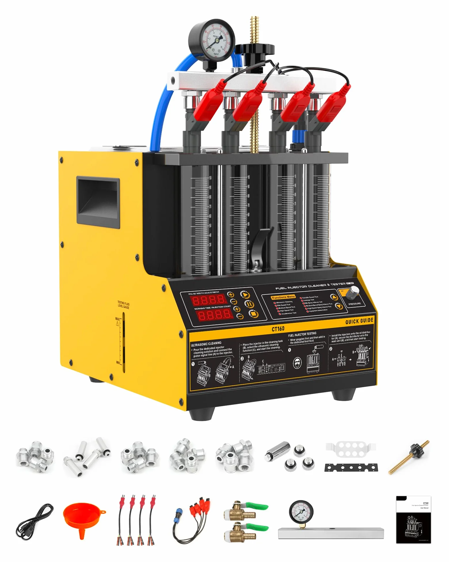 CT160 - Máquina de Limpieza de inyectores de Combustible, 4 Cilindros, ultrasónico Mejorado para automóviles y Motocicletas, Kit de Limpieza con 9 Tipos de diagnóstico de inyectores, Limpieza