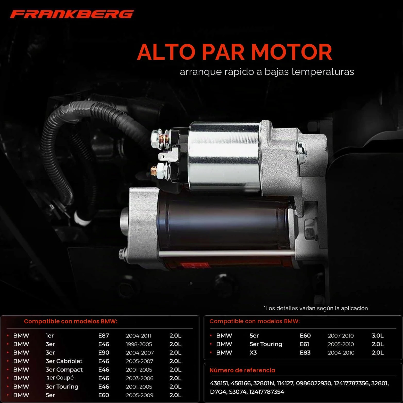 Frankberg Motor de arranque para automóvil Diesel 1,7 KW/12 V/10 dientes Compatible con X3 E83 Serie 3 Touring E46 Serie 1 E87 Serie 5 Touring E61 Serie 5 E60 Replace# 32801,D7G4