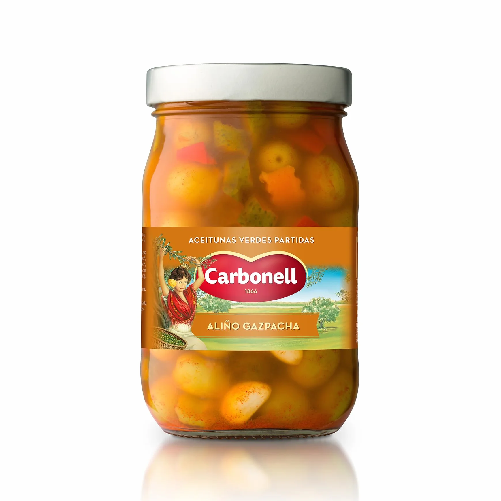 Carbonell Aceitunas Verdes Partidas con Hueso Estilo Gazpacha Manzanilla Aliño Ajo Vinagre Guindilla Pimentón Rojo Picante 450 g
