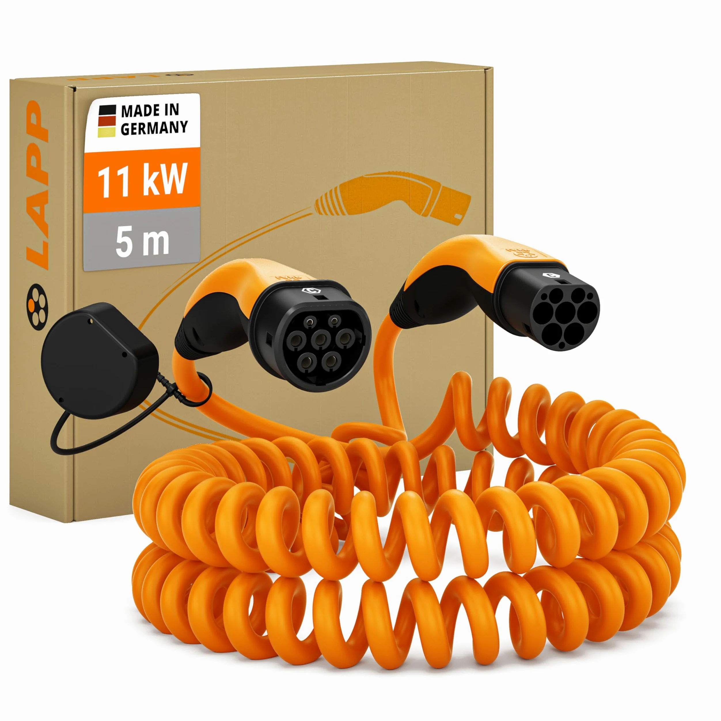 Lapp Mobility Cable de Carga EV Tipo 2 - Cable Espiral 11kW, 20A, Trifásico, Resistente al Polvo y al Agua IP55, Flexible, Compatible con Todos los Vehículos Eléctricos e Híbridos Europeos, 5m, Negro
