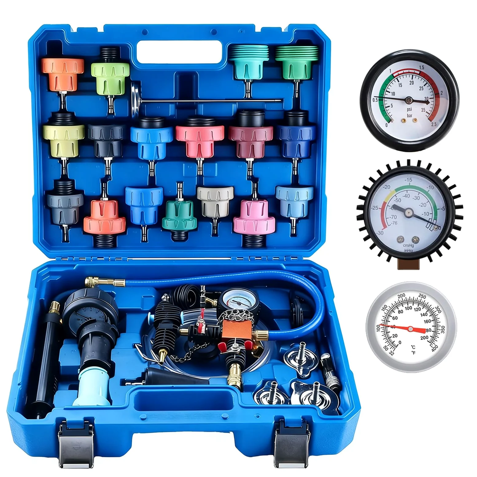 FreeTec 31pzs Probador Presion Radiador, Universal Probador Presion Circuito Refrigeración, Kit Comprobador Fugas Purgador Liquido Refrigerante, Herramientas Radiador Coche con Bomba Adaptador (Azul)