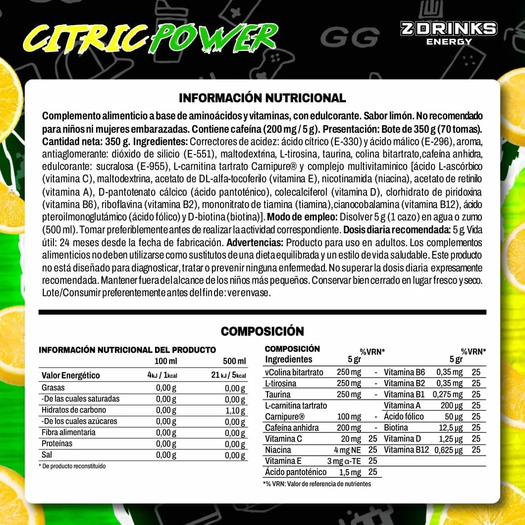 Z Drinks Energy Bebida Energética en Polvo 70 Servicios Sin Azúcar con Cafeína Minerales y Vitaminas Sabor Limón