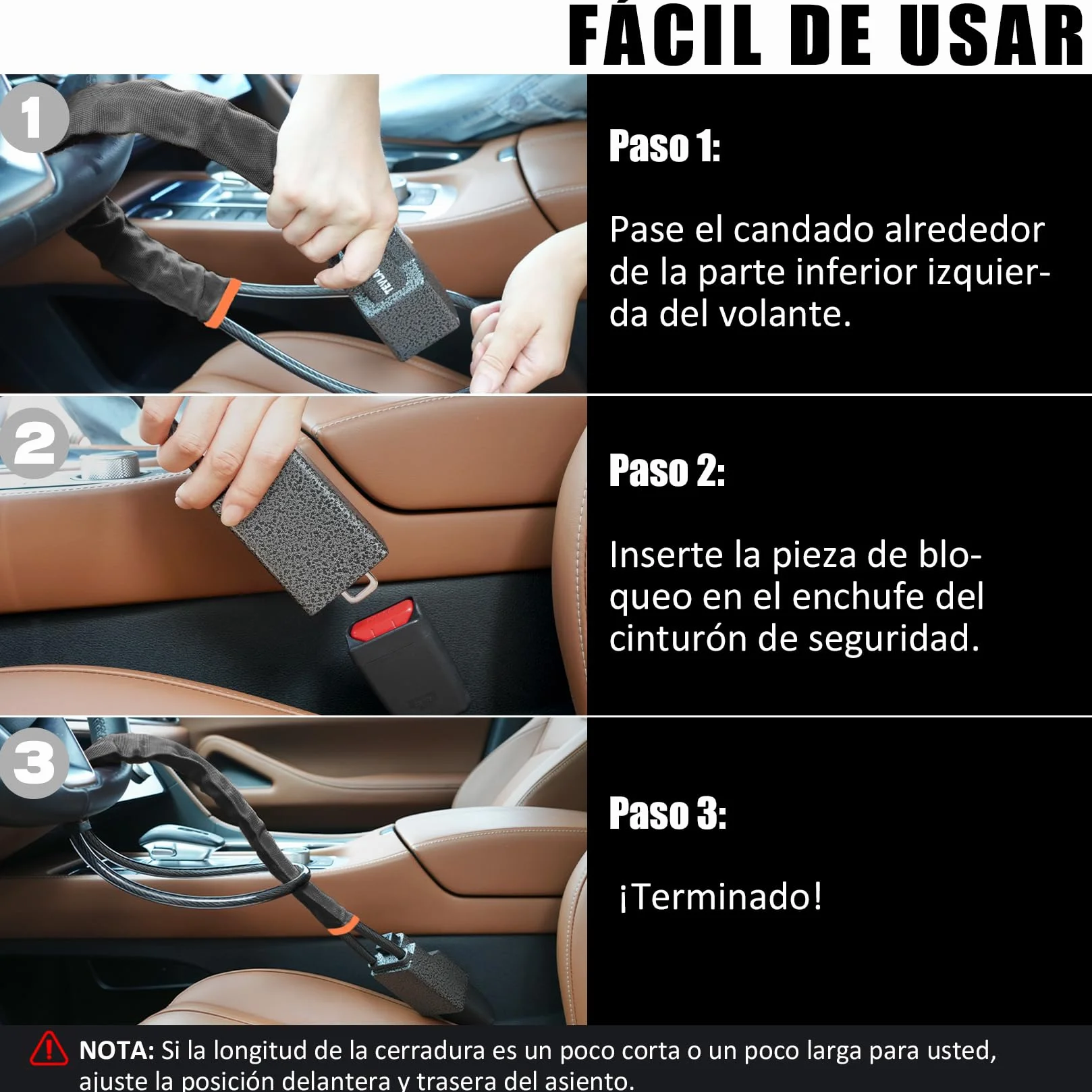 Tevlaphee Antirrobo Coche, Barra Antirrobo Coche, Cabeza Metálica, Cerradura Auto Alta Visibilidad, Robusto, Servicio Pesado, Ajuste Universal, 3 Llaves(Negro)
