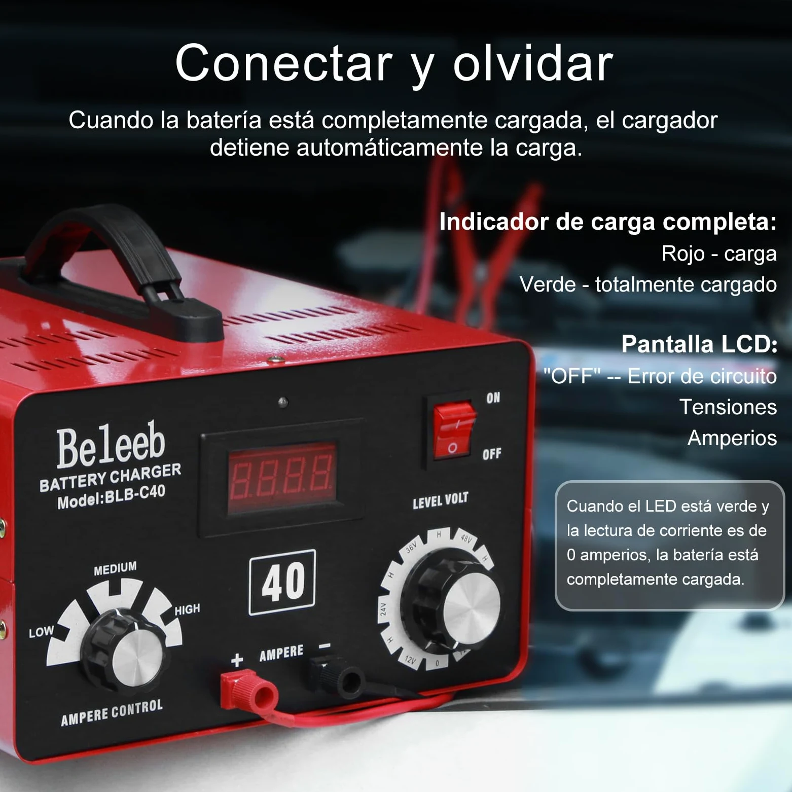Hugoome Beleeb Serie C40 Cargador de Batería 12V 24V 36V 48V 60V 72V, Pulsos de Alto Voltaje Desulfatador Mantenedor de Batería con Pinzas de Cocodrilo para Baterías de Litio-Ion Plomo-ácido