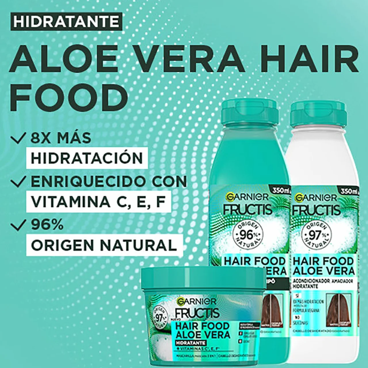 Garnier Fructis Hair Food Set Champú Acondicionador Mascarilla Pelo Normal a Seco Aloe Vera Hidratante 3 Productos