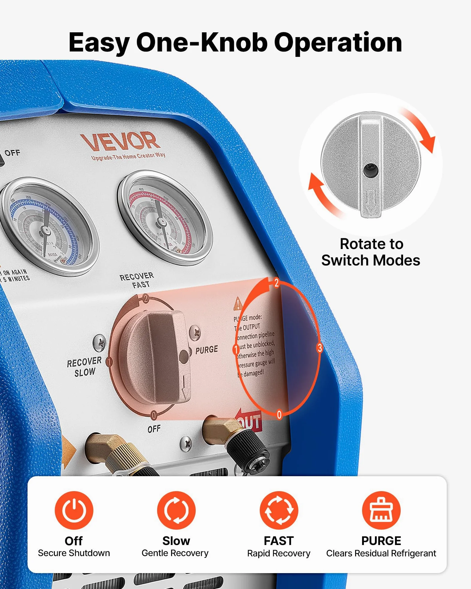 VEVOR Máquina Portátil de Recuperación de Refrigerante 3/4 HP, Máquina de Recuperación con Protección de Alta Presión 2,2 kg/min Velocidad de 1450 RPM, Cilindro Único, para Vapor Líquido Refrigerante