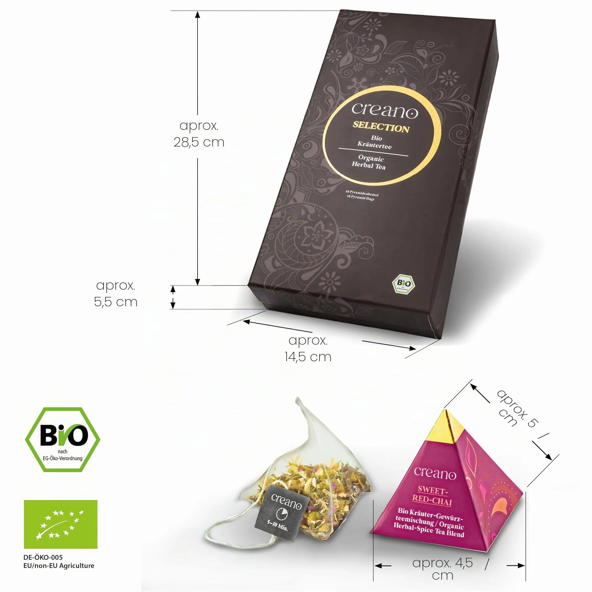 Creano Set de Regalo de Té Bio Infusión de Hierbas 18 Bolsitas Piramidales 9 Variedades Surtidas Sin Cafeína