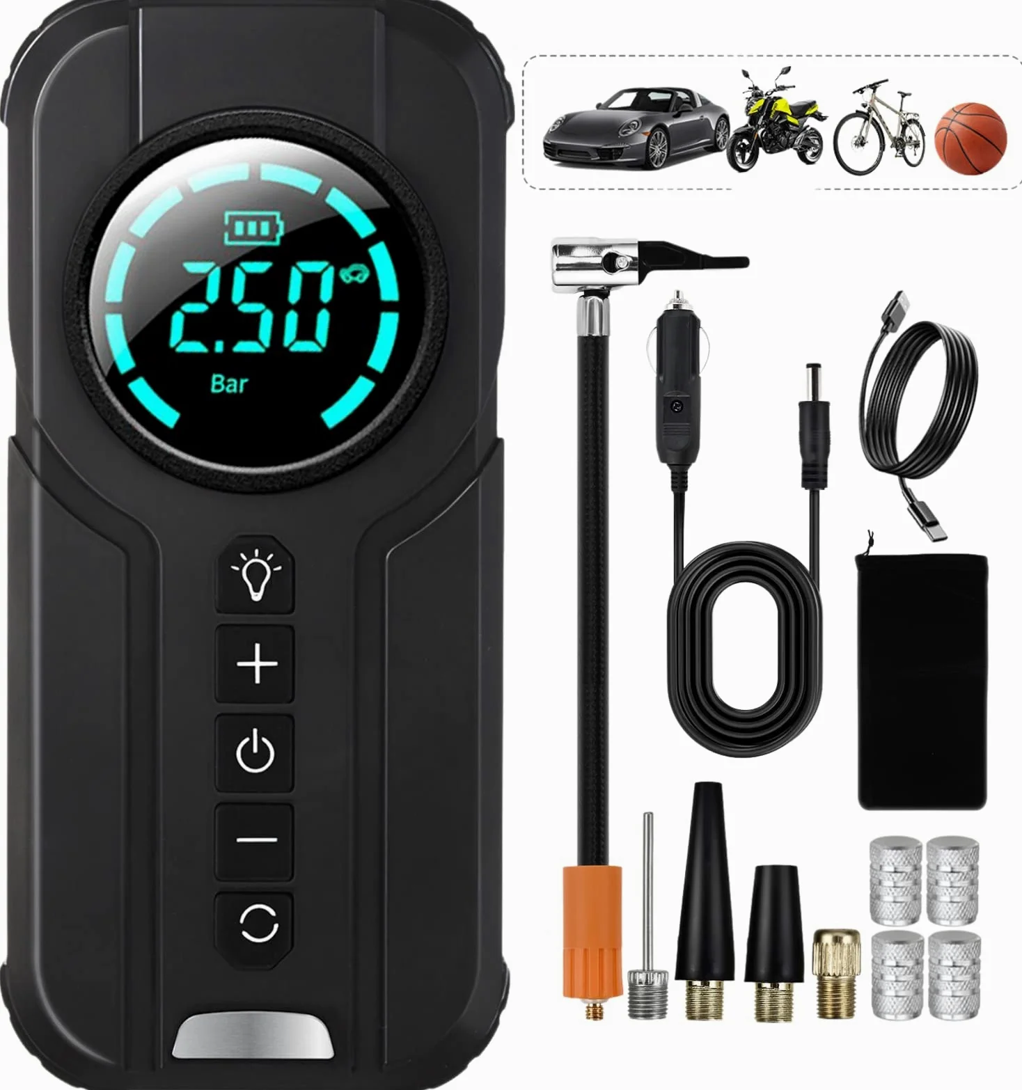 VICKSONGS Dual-uso Compresor Aire Electrico Portatil, Recargable Inflador Ruedas 7200mAh 180PSI, Bomba de Aire Electrica para Coche, Bicicleta, Moto, Scooter, Bolas