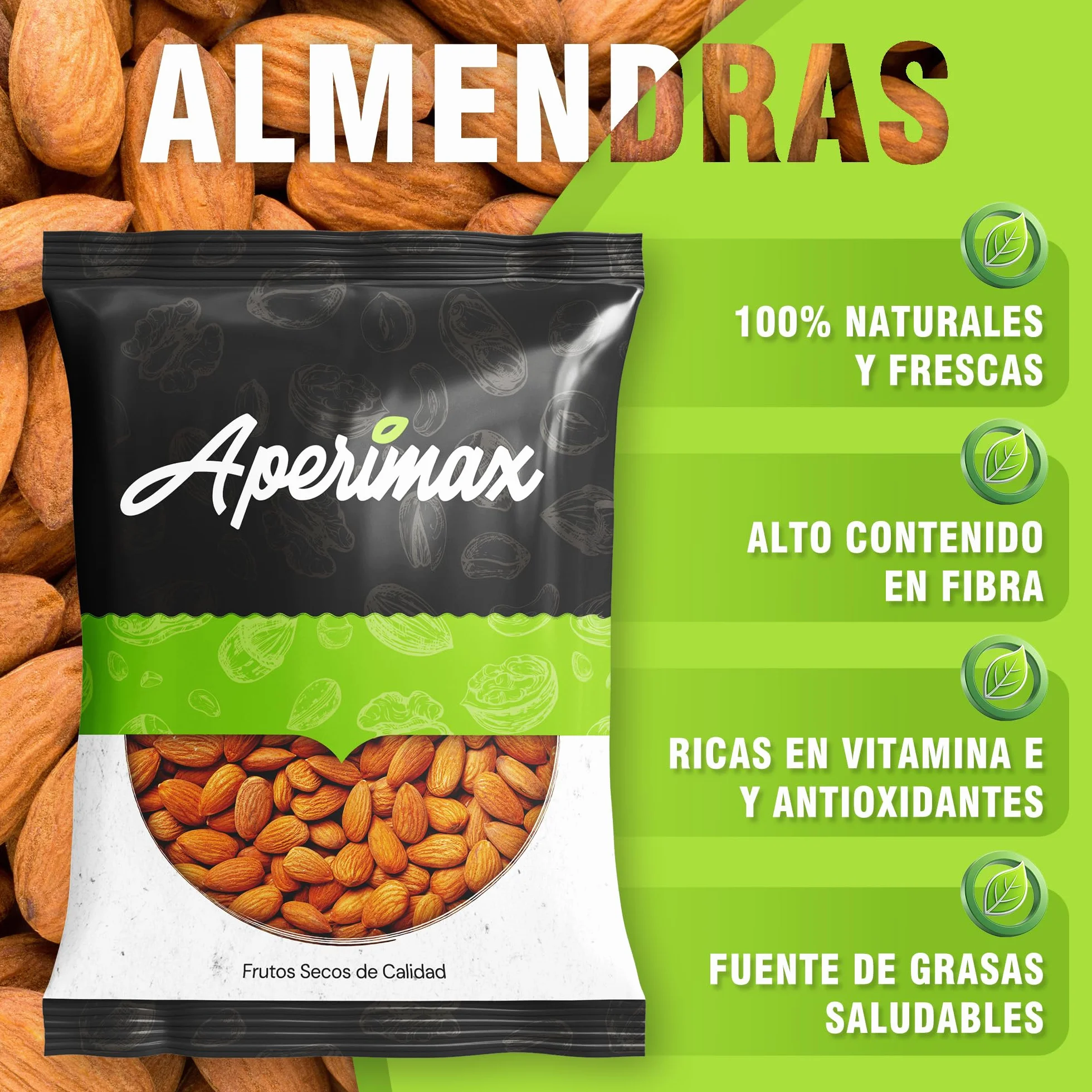 APERIMAX Almendras crudas naturales alto contenido en fibra Frutos secos sin gluten vegano