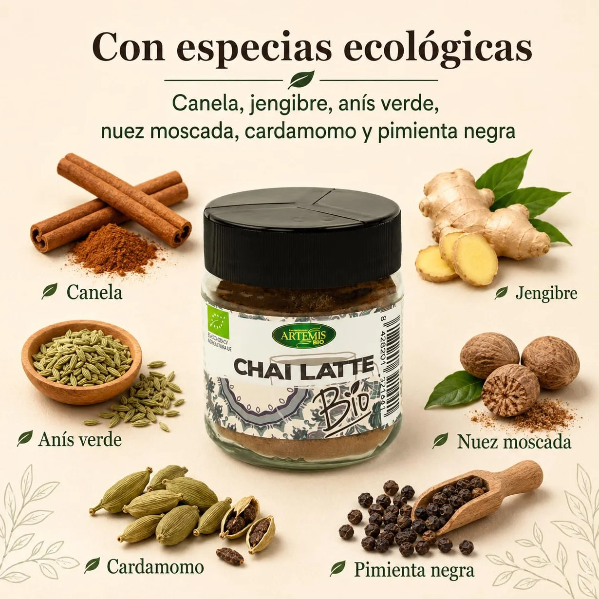 Chai Latte Bio Artemis 60 g té en polvo con especias ecológicas mezcla para leche o bebida vegetal
