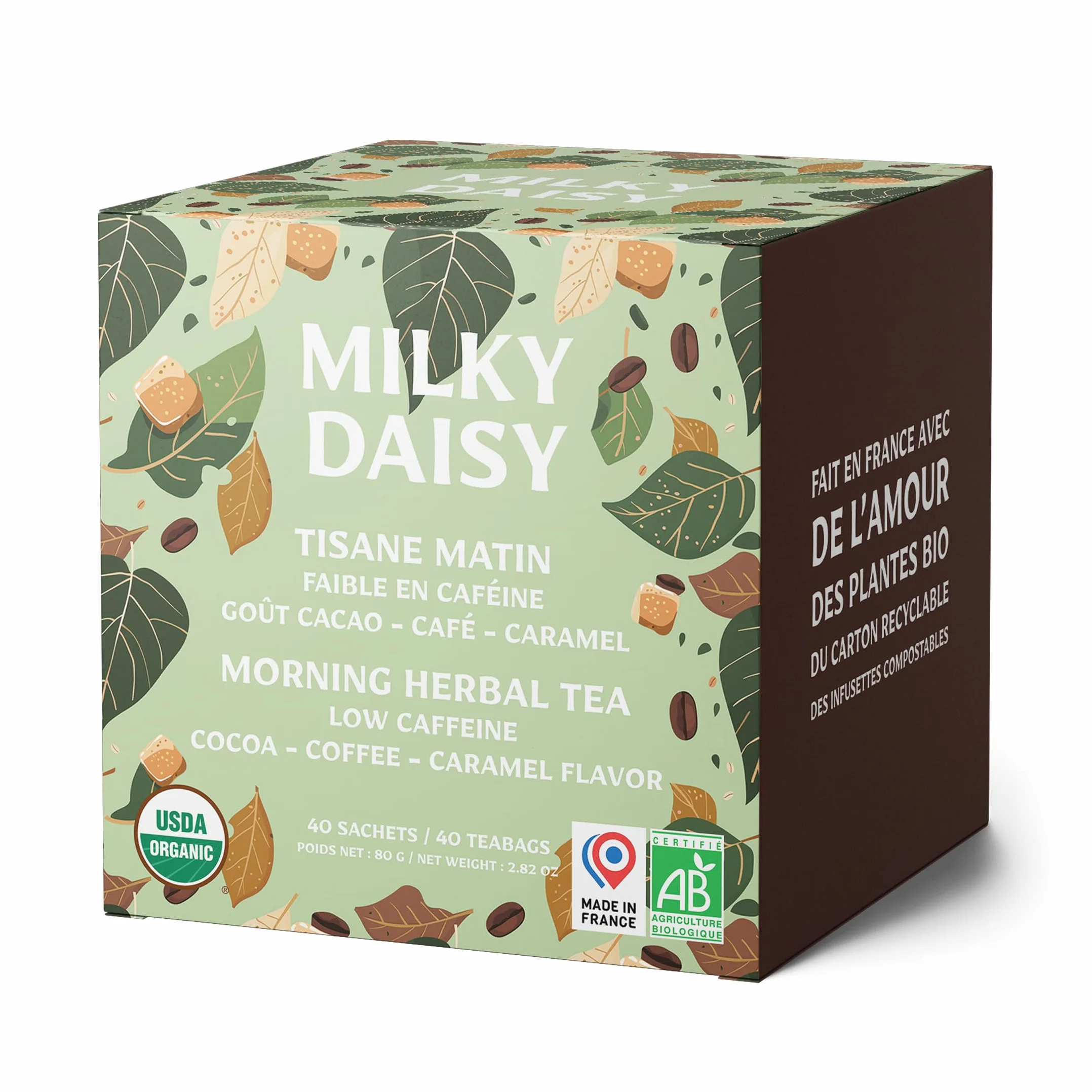 Milky Daisy Té Matutino Orgánico Sustituto del Café Sabor Cacao Café Caramelo Energizante Bajo en Cafeína 40 Bolsitas