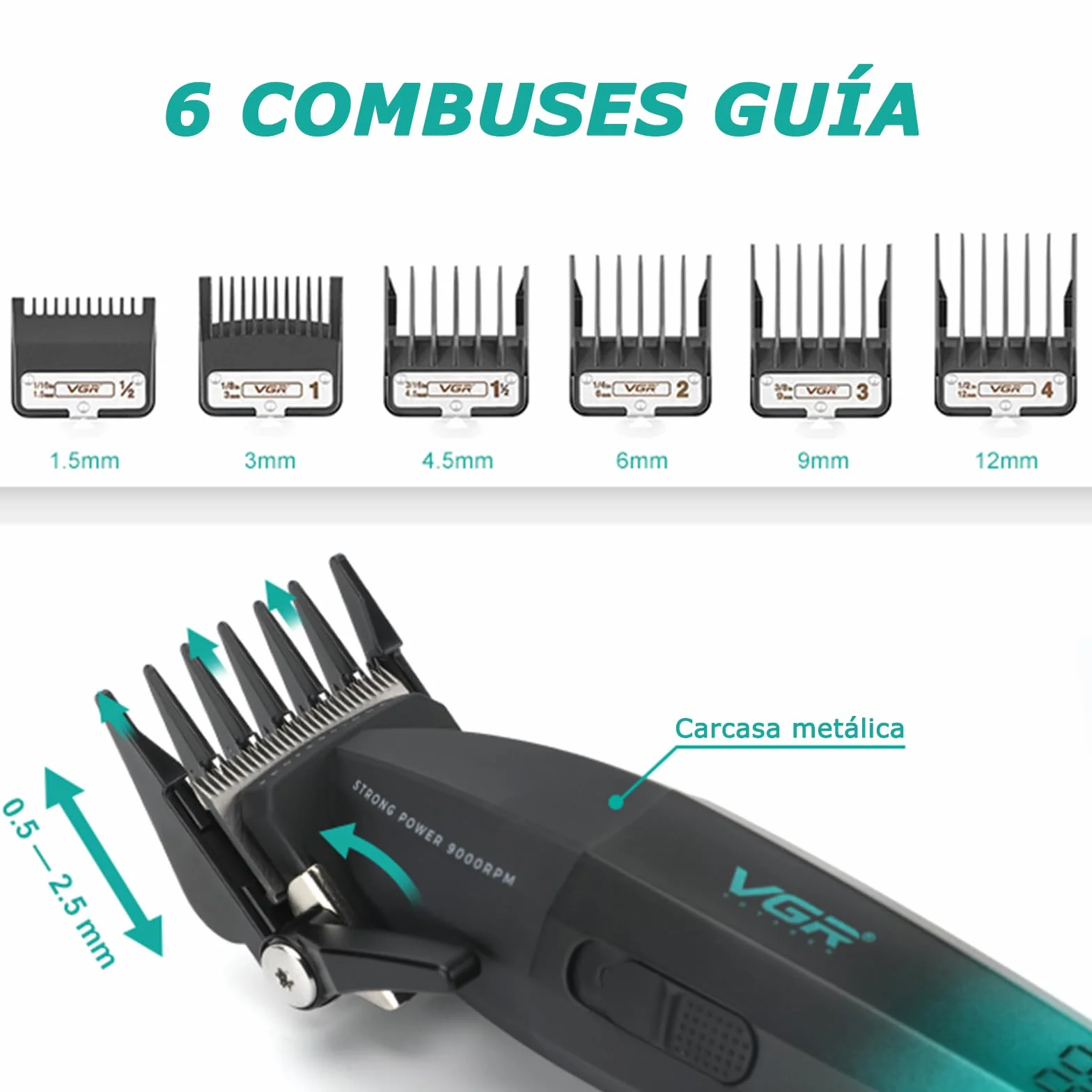 VGR 003 Cortapelos Profesional Inalámbrico, Máquina de Cortar Pelo Hombre, Cuerpo Metálico, Motor 9000 RPM, Cuchillas Cerámicas, LED, USB, Verde