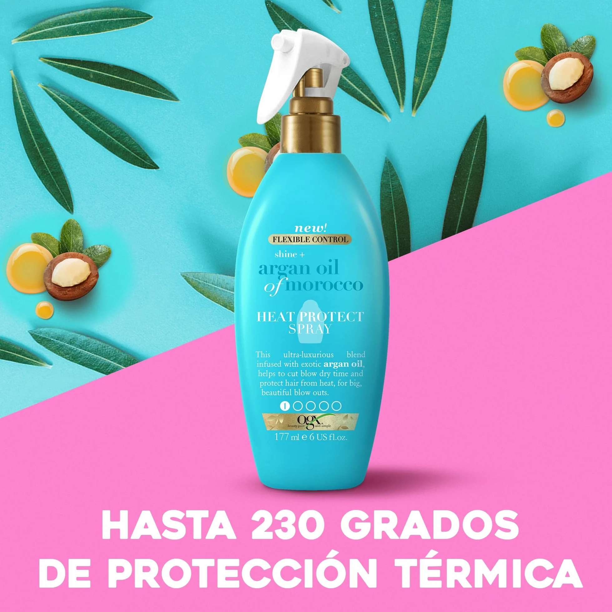 OGX Shine + Argan Oil of Morocco Spray Heat Protect 177 ml protector térmico para el pelo hasta 230 °C