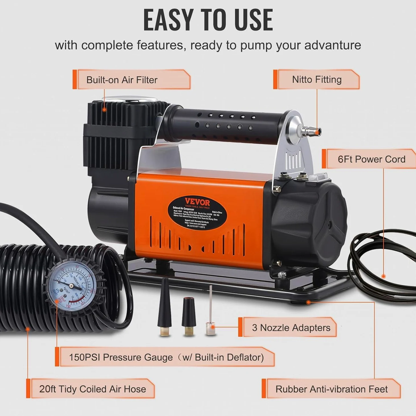 VEVOR Compresor Automático con Motor 12V Inflador Portátil de Neumáticos de Coche 150PSI 6CFM Protección Térmica Bomba de Aire Cable de Alimentación Manguera de Aire de 3m 7,9m para Inflar Camión SUV