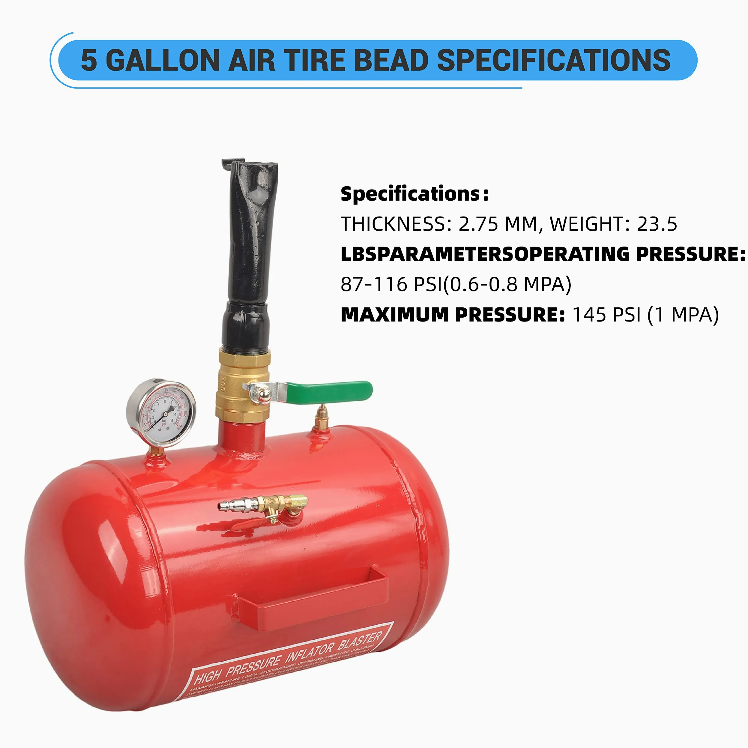 Inflador de neumáticos de 5 galones, 110 PSI, herramienta de explosión, inflador de neumáticos con manómetro, tanque inflador de neumáticos para automóvil, camión, ATV, color rojo