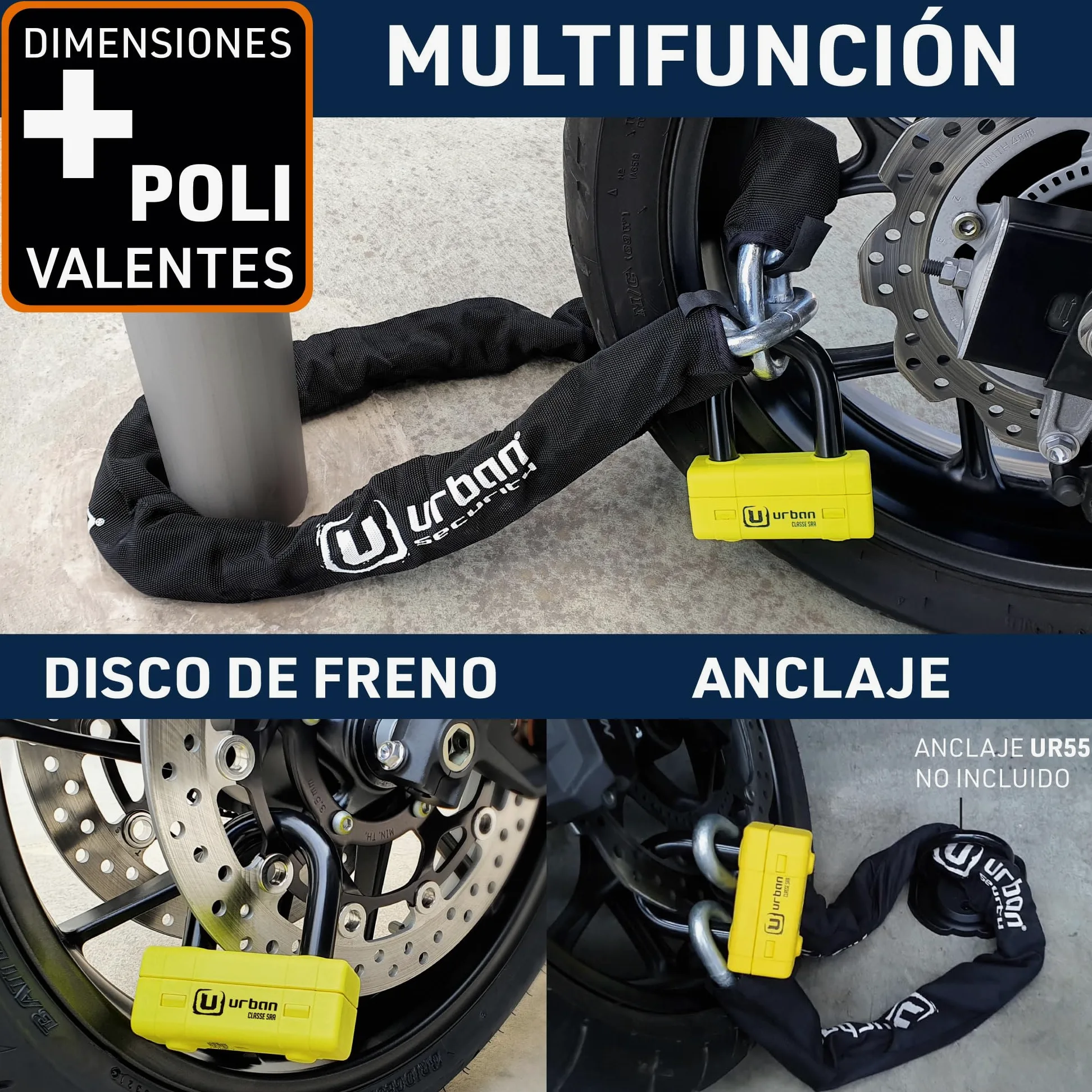 URBAN UR75150 Cadena Candado Antirrobo Pesado ø15mm + Mini U, Alta Seguridad Homologada SRA, 150cm Completamente Testada +Visible, Antirobo Multifunción para Disco Freno, Anclaje, Motocicleta, Parking