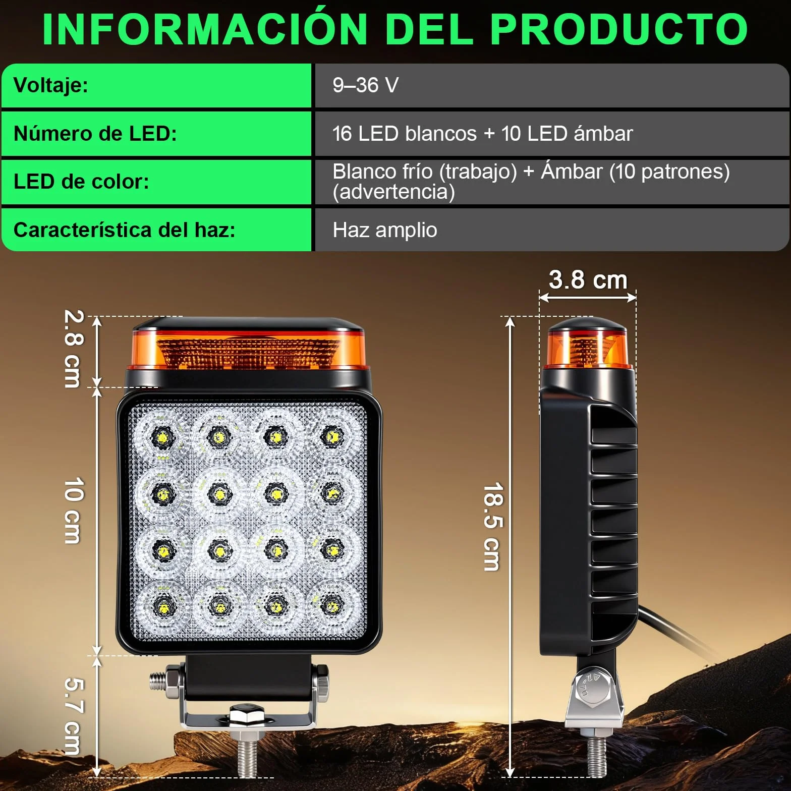 2x Faros de Trabajo LED con Luz de Advertencia (10 Modos), 18W 12V 24V Foco Adicional para Tractor, Camión y Excavadora, IP68 Impermeable y Resistente al Barro, 2 en 1 Luz de Marcha Atrás