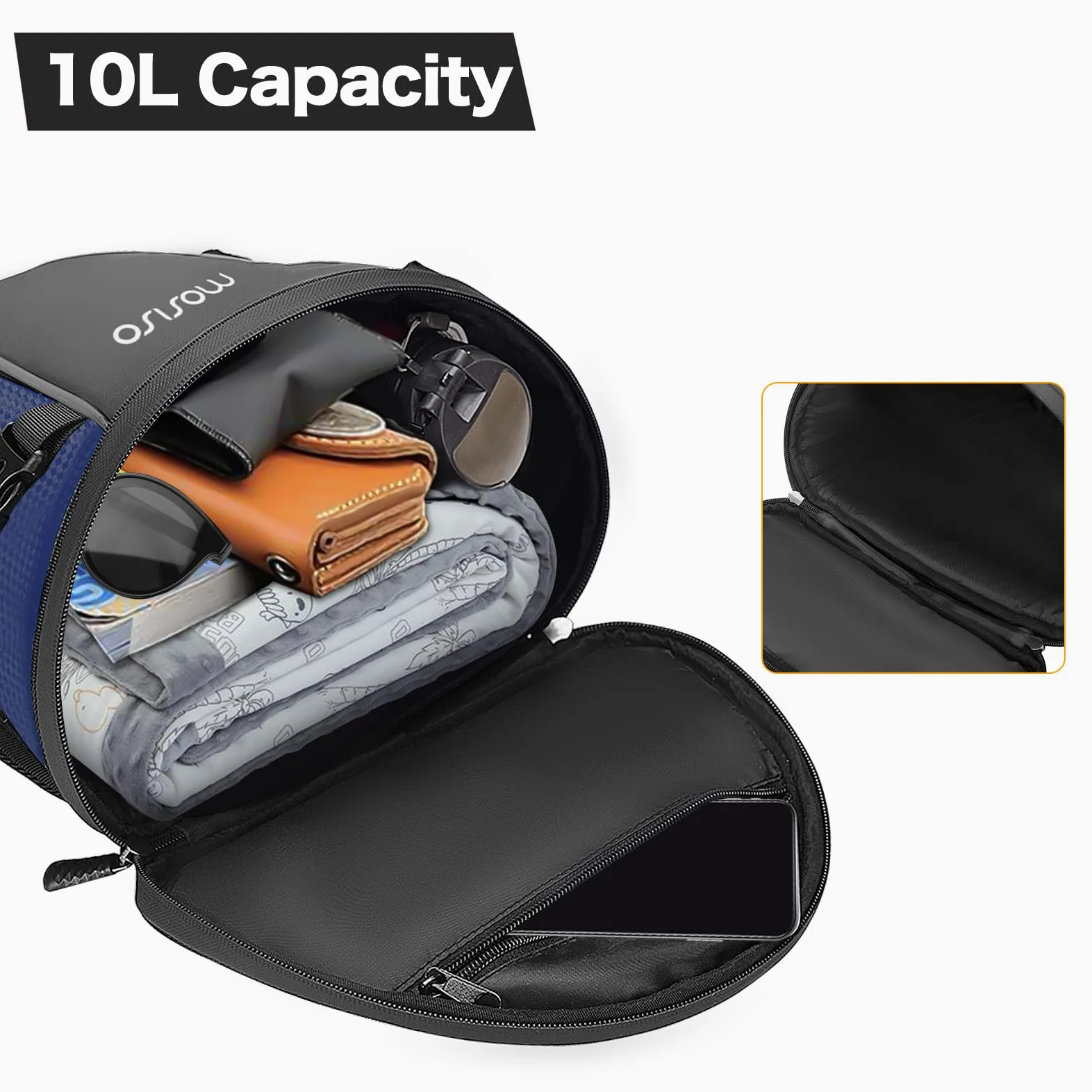 MOSISO Motocicleta Trasera Bolsa Multifunción Impermeable Poliéster Almacenaje Sillín Bolsa, 10L Exterior Deportes Moto Asiento Trasero Luz Tanque Bolso Portaherramientas con Bandolera,Azul Marino