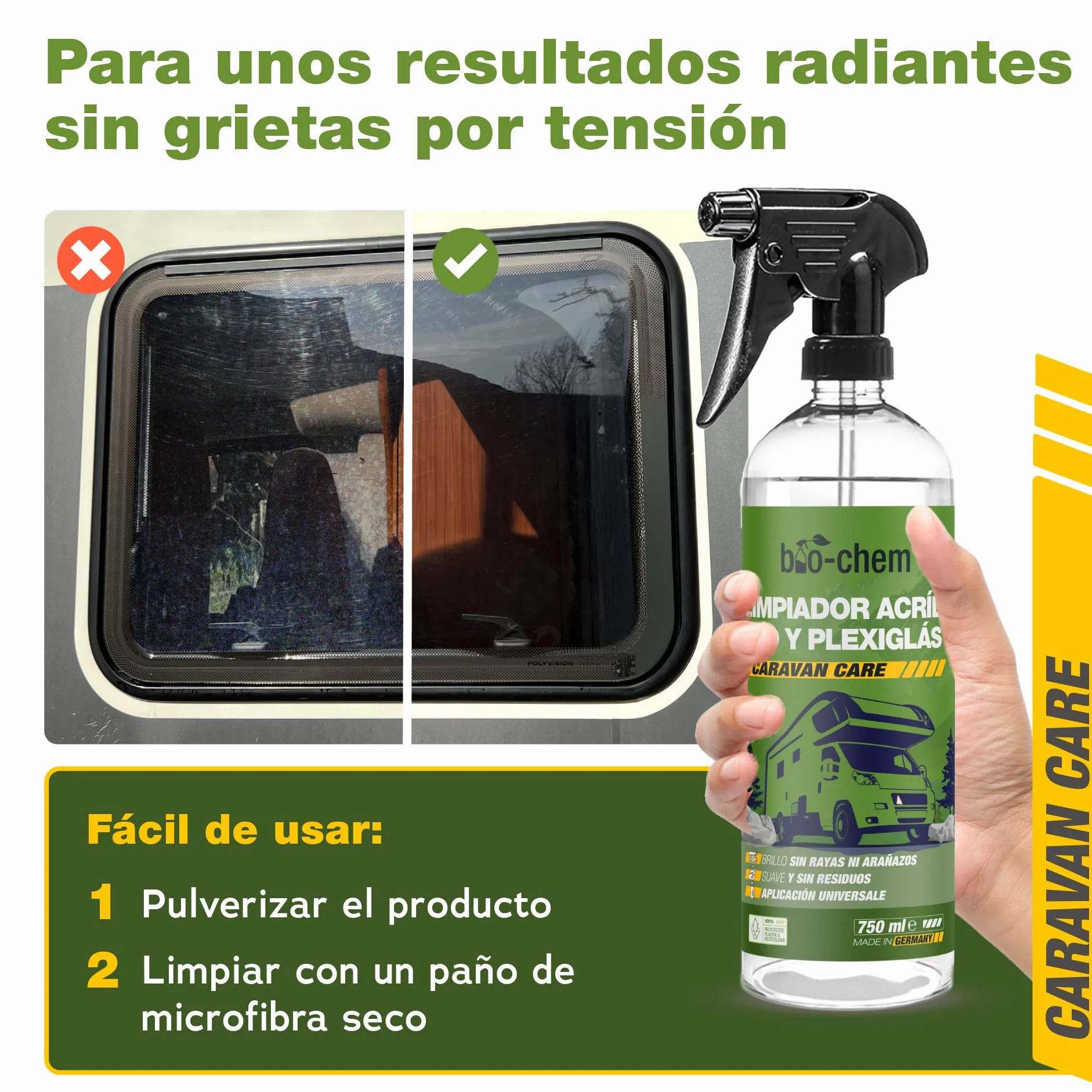 Bio-Chem - Limpiacristales acrílico y plexiglás 750 ml - Limpiacristales para caravanas, autocaravanas y automóviles - Spray líquido limpiacristales para automóviles