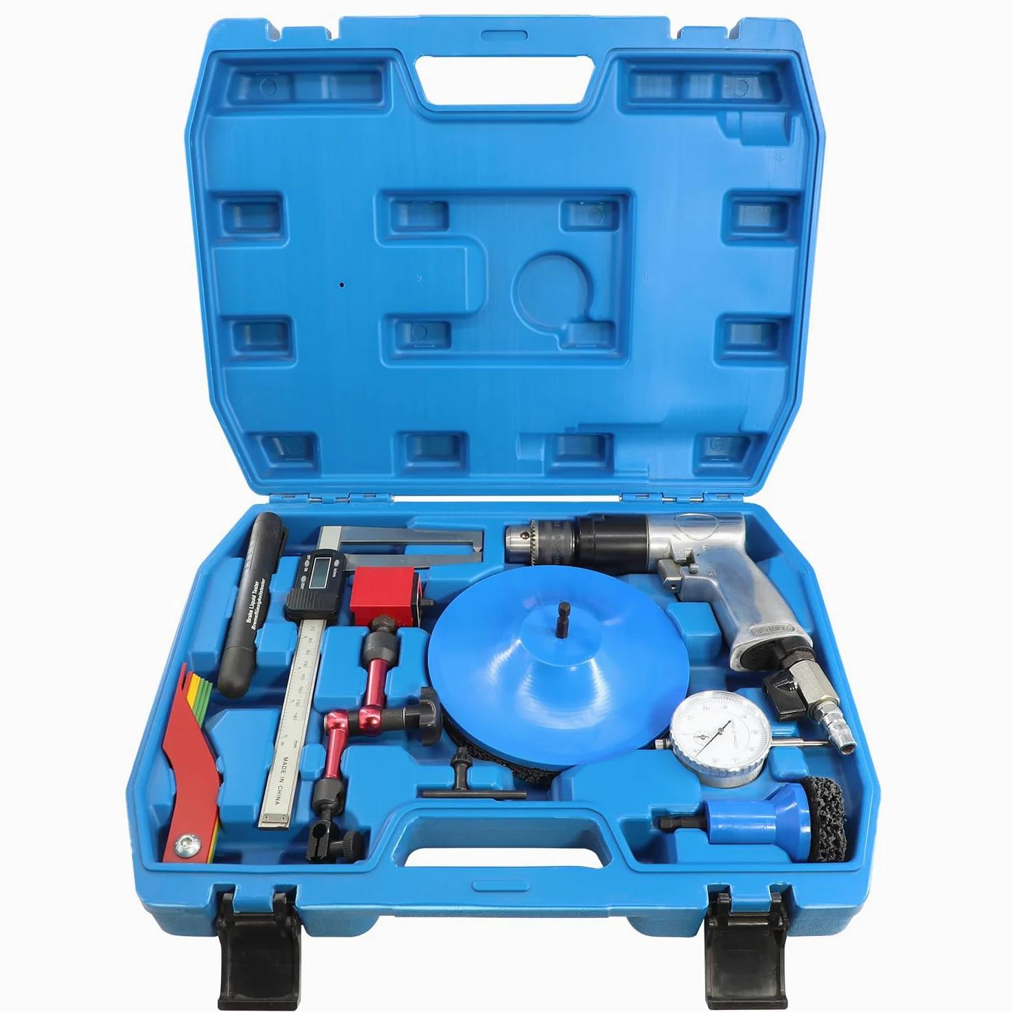 Kit de herramientas de rotores de freno, kit de limpieza de bujes de rueda con taladro neumático, micrómetro métrico SAE, medidor de grosor de forro de freno, bolígrafo probador de líquido de frenos