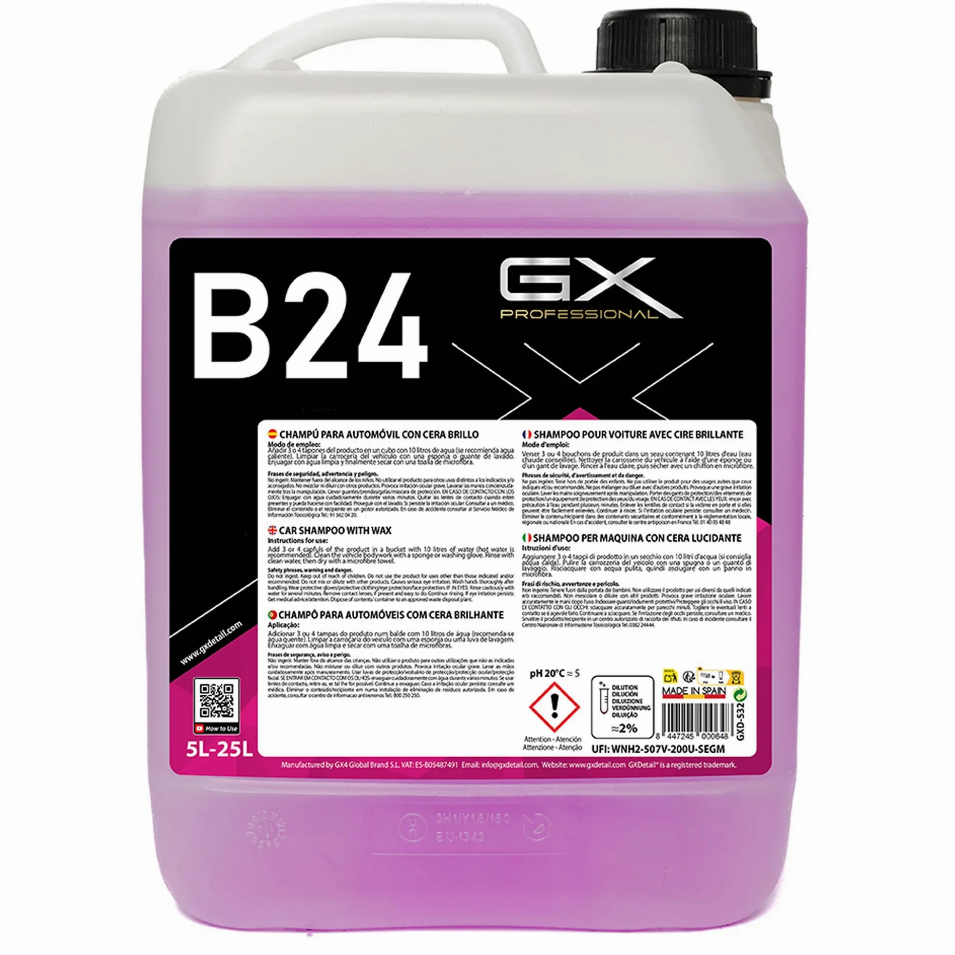 GxDetail Champú con Cera Concentrado 5 Litros para Coche – Limpieza Profunda y Brillo Protector – Fórmula de Alto Rendimiento – Función 2 en 1: Limpia y Abrillanta - Acabado Duradero