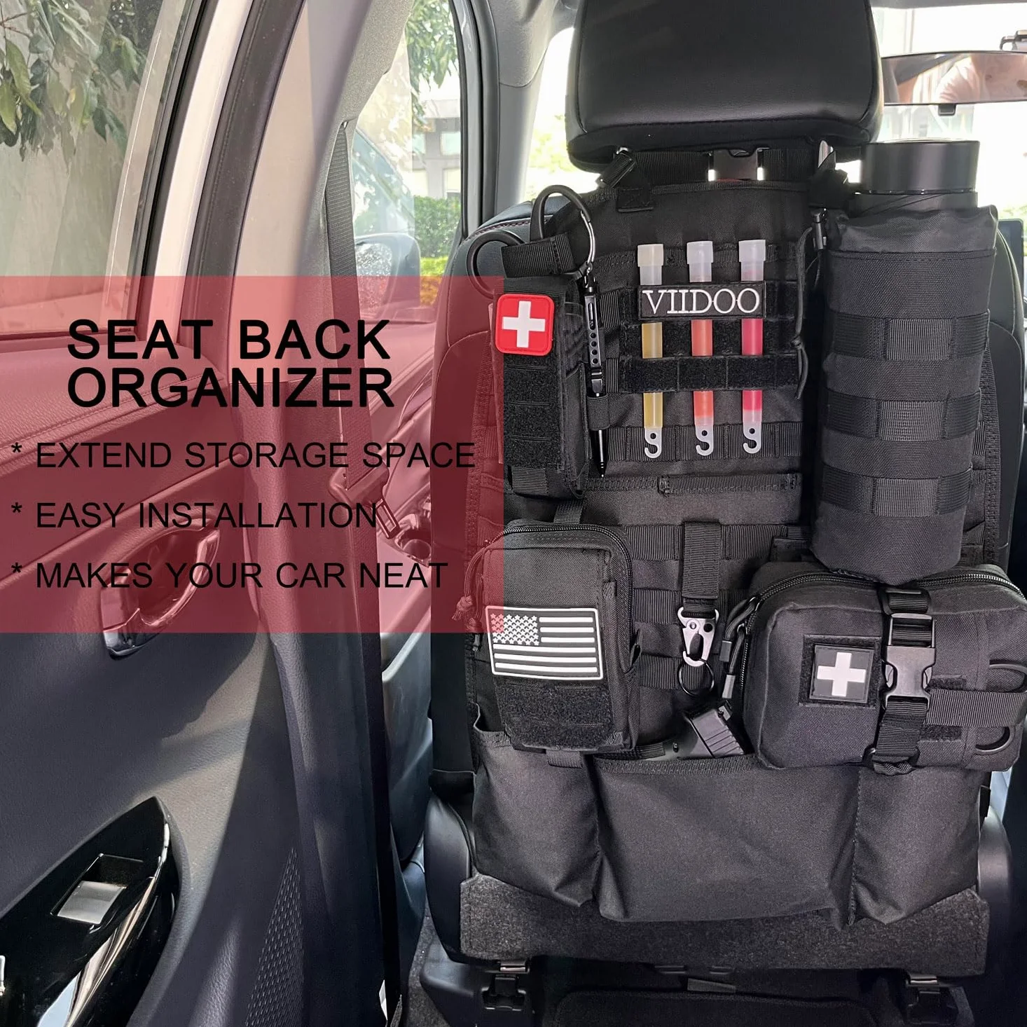 Molle - Organizador de asiento de coche táctico con bolsas Molle para el asiento del coche, protector para asiento de coche, color negro