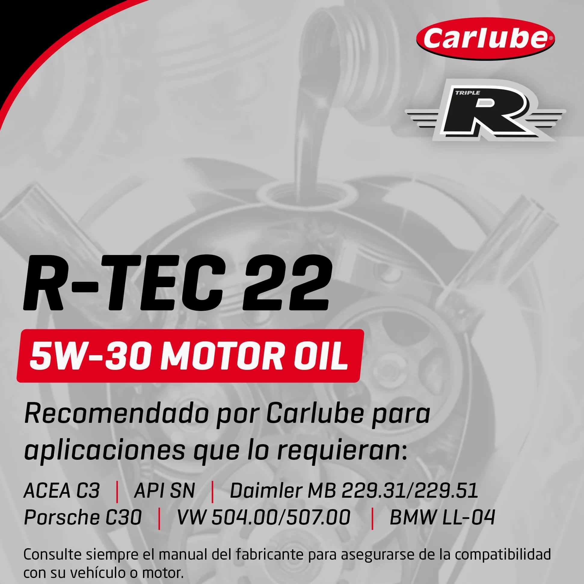Carlube Triple R 5W-30 VW Aceite Totalmente Sintético R-TEC 22 para Porsche, Volkswagen y BMW, ACEA C3, API SP