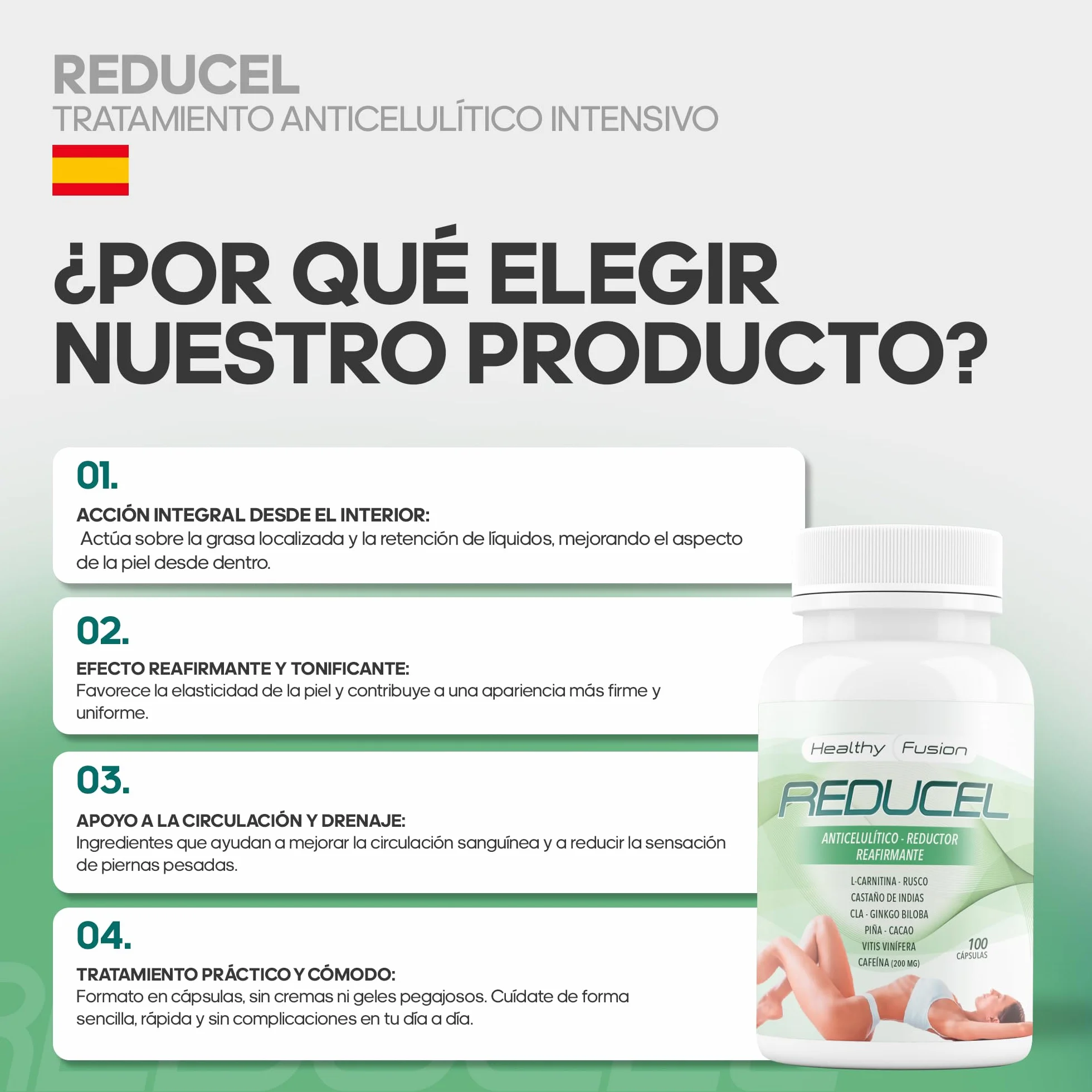 Reducel Potente Reafirmante Anticelulítico 100 Cápsulas L-Carnitina Cafeína CLA