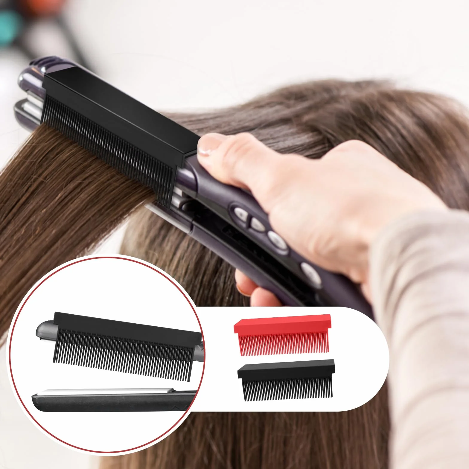 2 Piezas Accesorio Peine de Hierro Plano con Clip Resistente al Calor para Alisador de Cabello (Negro, Rojo)