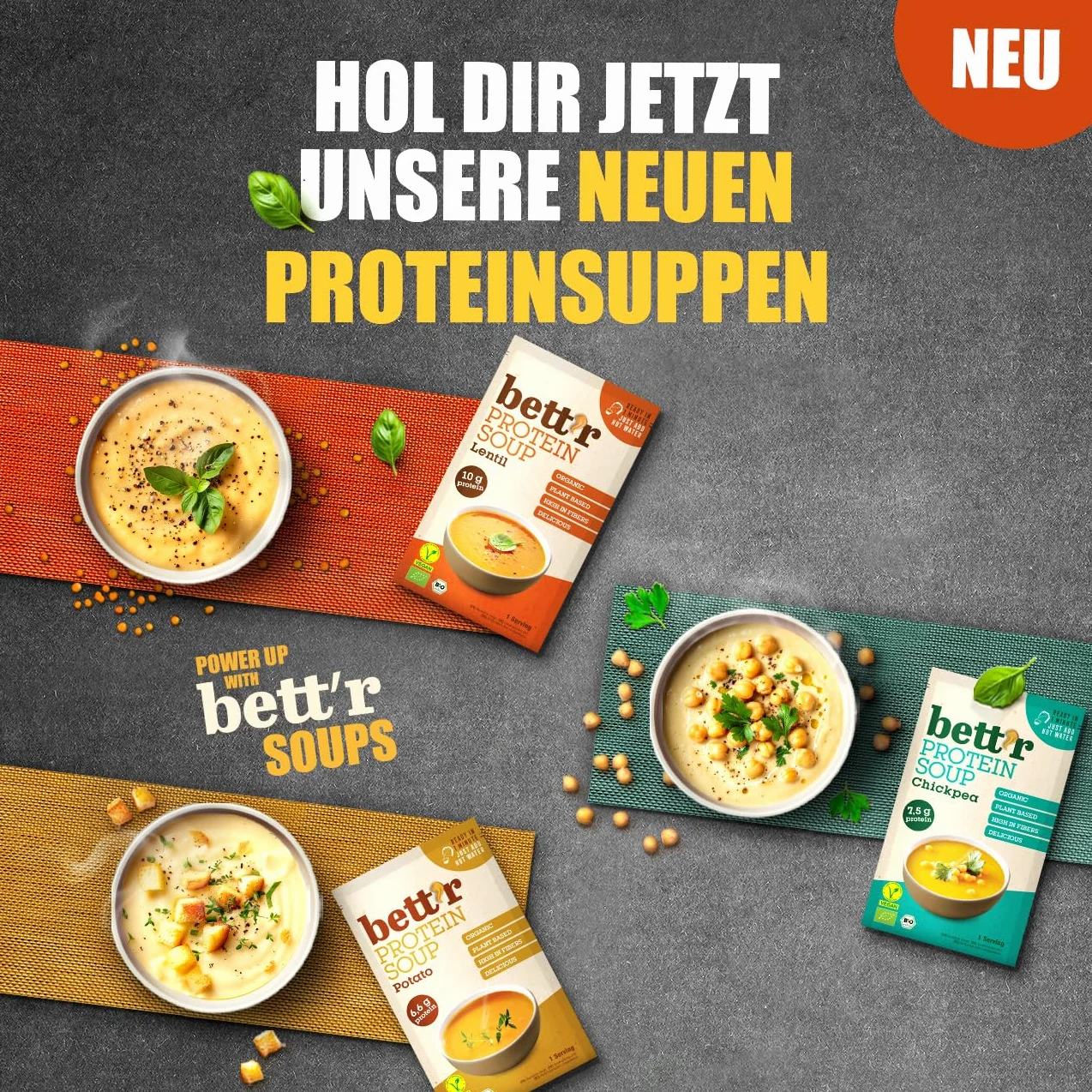 Bett’r BIO Sopa de Proteína con Lentejas Rojas 100% Orgánica Vegana sin Gluten 16 x 30 g