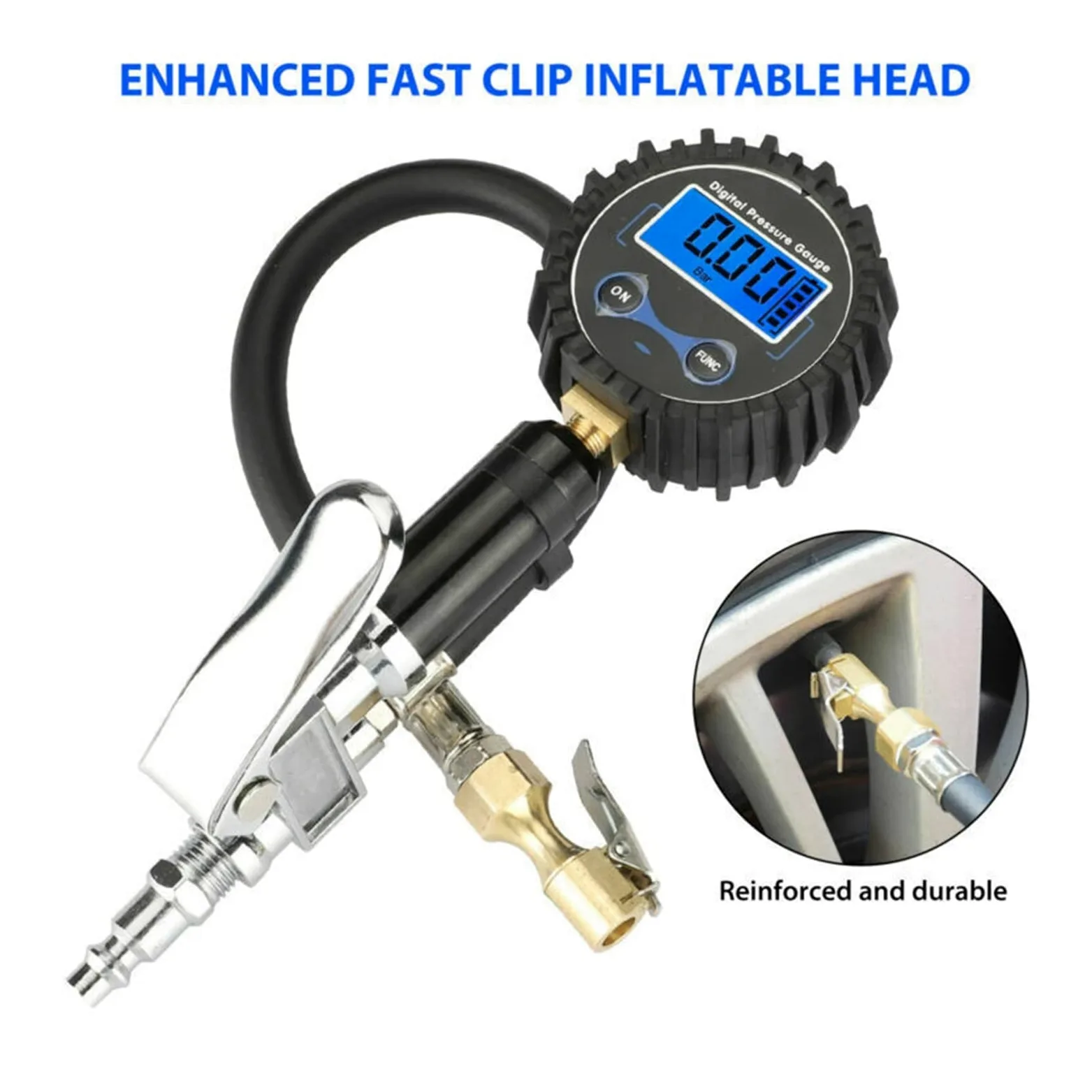 Inflador de neumáticos Digital con Mandril de Aire de manómetro Apto para Accesorios de camión/Coche/Bicicleta