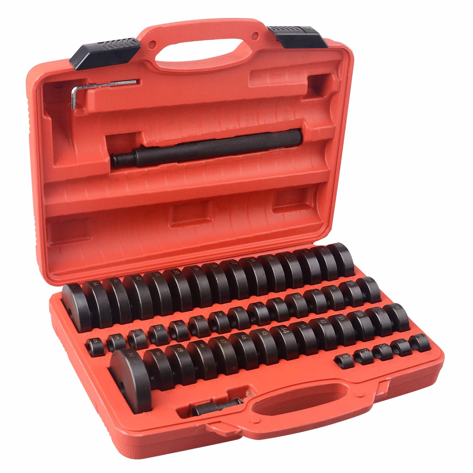 DAYUAN Juego de 52 piezas de discos de montaje para rodamientos de rueda, juntas de sellado radial, casquillos, copas, gomas, extractor, pieza de presión, juego de instalación para prensar 18-65 mm