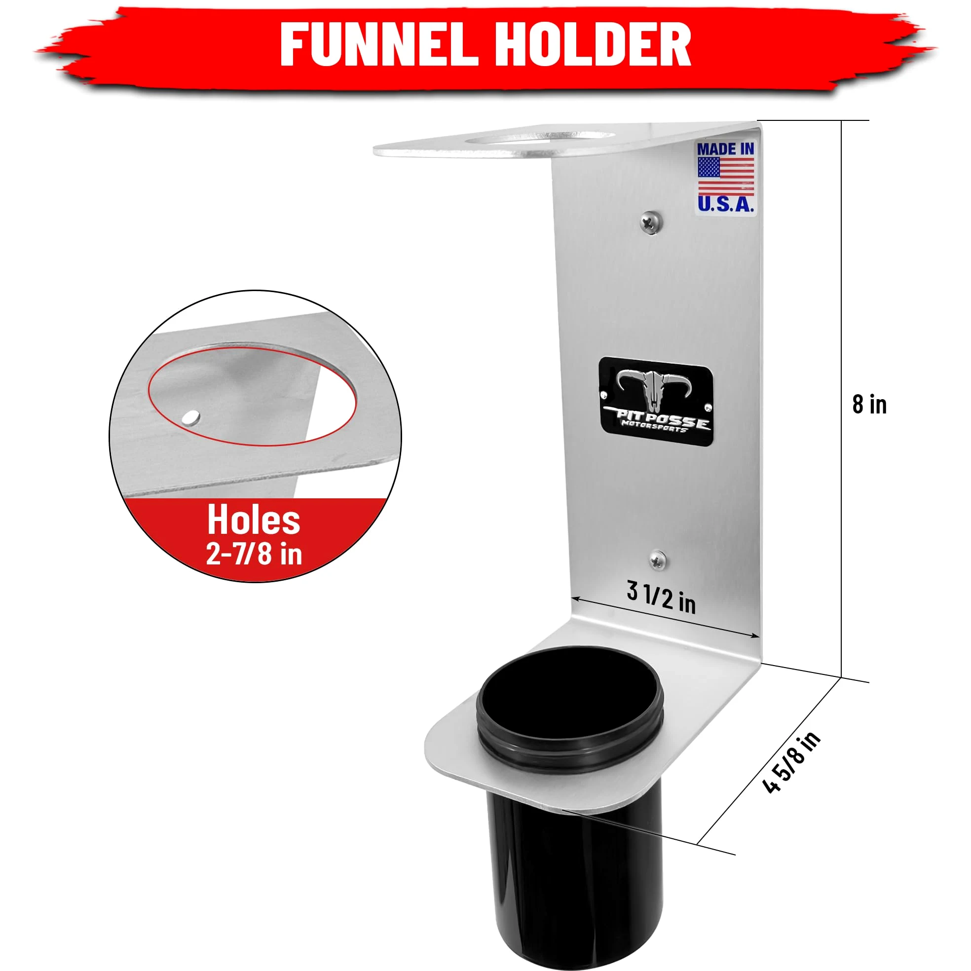 Pit Posse PP3364 - Soporte de aluminio para embudo de aceite – Tienda de garaje para remolque cerrado – Fabricado en Estados Unidos – Embudo de drenaje de líquido de montaje en pared Organizador