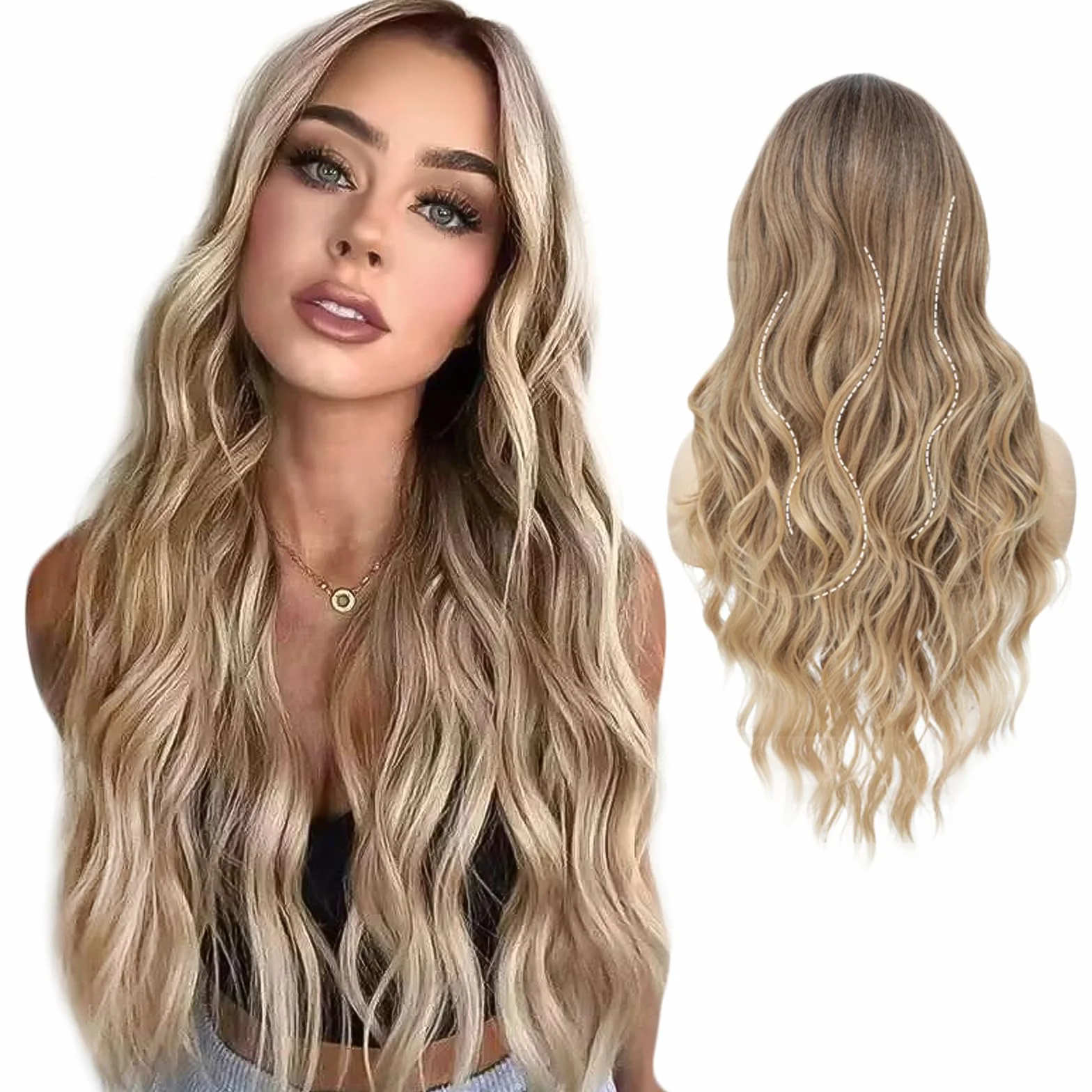 Peluca Sintética de Onda Natural Larga Ombre Marrón a Dorado para Mujer Carnaval Cosplay