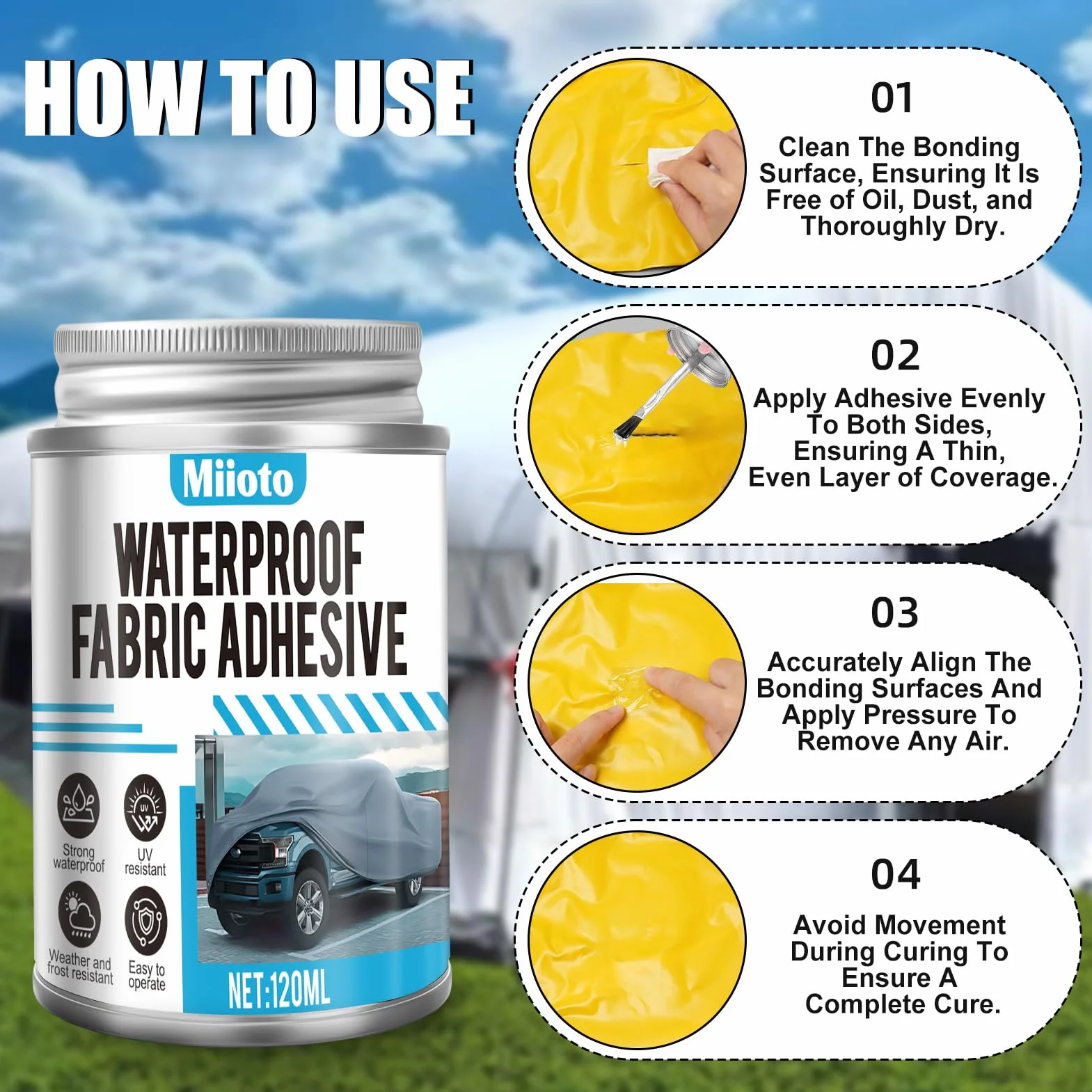 Miioto Pegamento PVC, Pegamento para Lona de Tela, Adhesivo para Lona de Tela con Brocha, Ideal para Lonas, Tiendas de Campaña, Lonas para Camiones y Reparaciones en Exteriores, 120ML