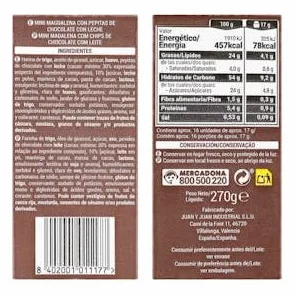 Hacendado Mini Magdalenas con Pepitas de Chocolate con Leche 270 g Pack 2