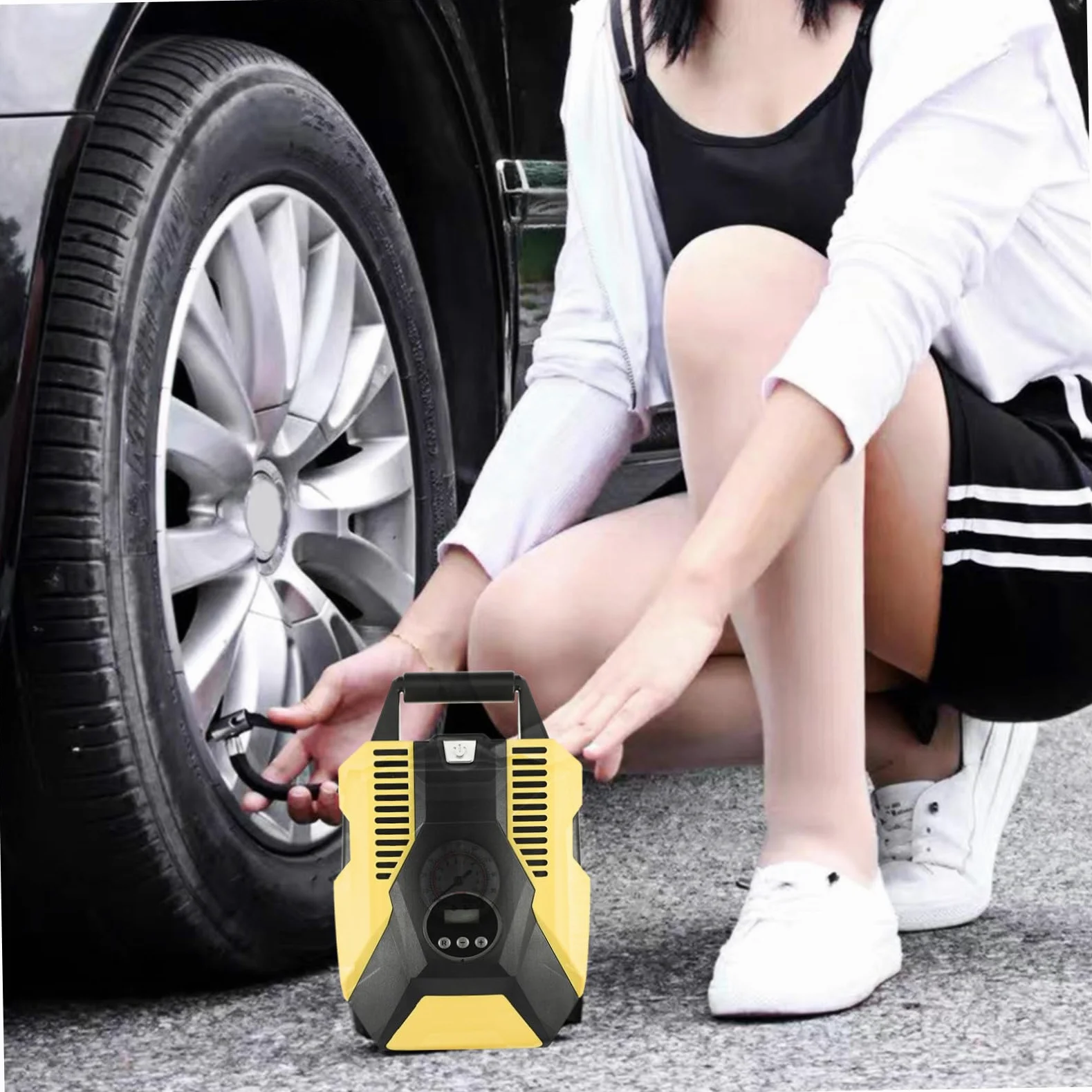 ORFOFE Inflador Integrado de Eléctrico para Portátil Neumáticos Coche Estable con Pantalla Digital, Manómetro y Diseño Abs con Cobre, Adecuado para Mantener Presión en Ruedas