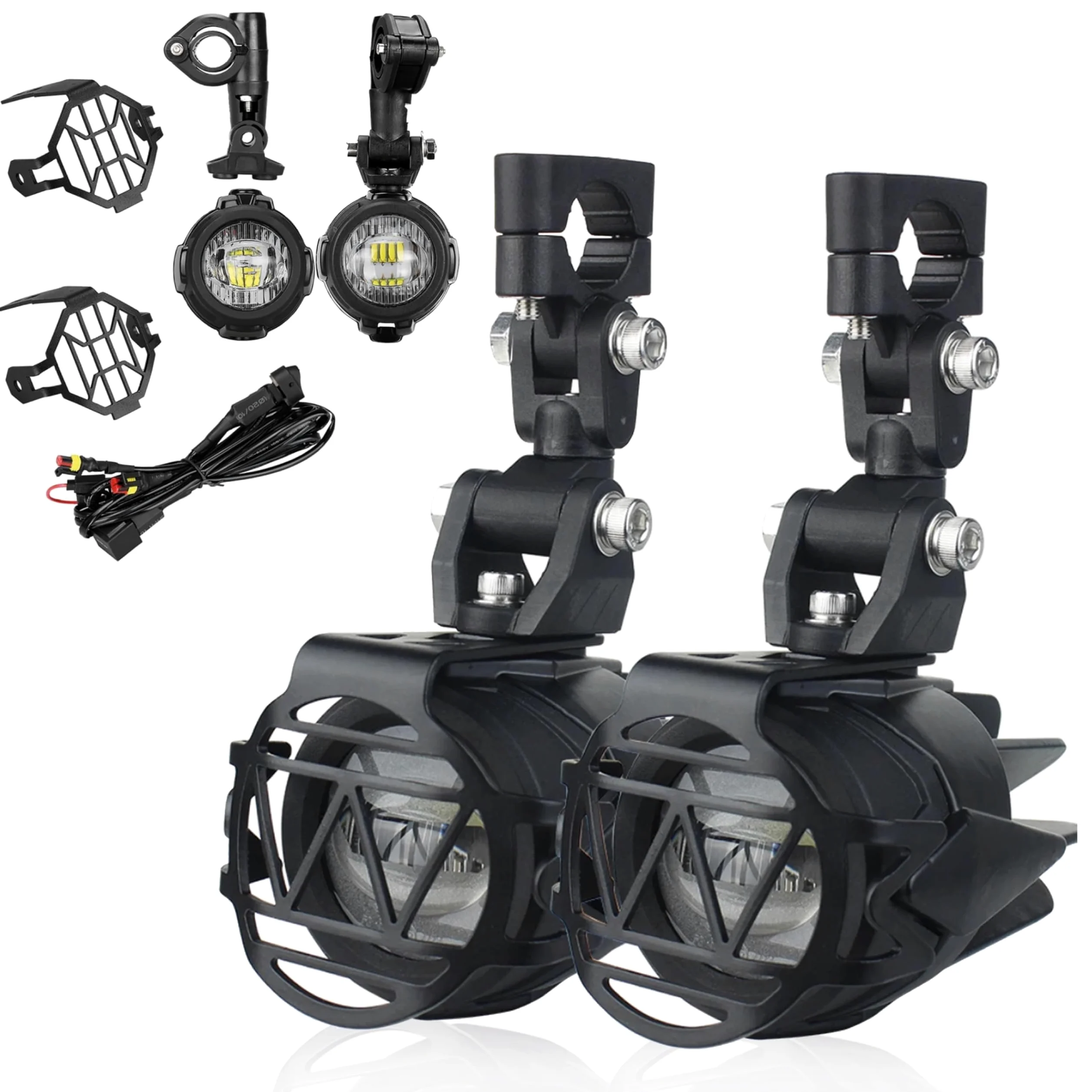 PASSION MOTO Luces adicionales LED antiniebla de largo alcance para moto quad 6000 lm potentes + rejilla de protección + cableado con relé CNC IP68