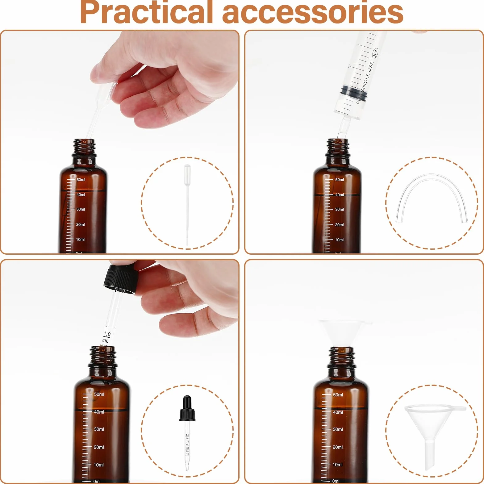 Frascos cuentagotas de vidrio marrón 50 ml, antirayos UV, para aceites esenciales, perfume, aromaterapia