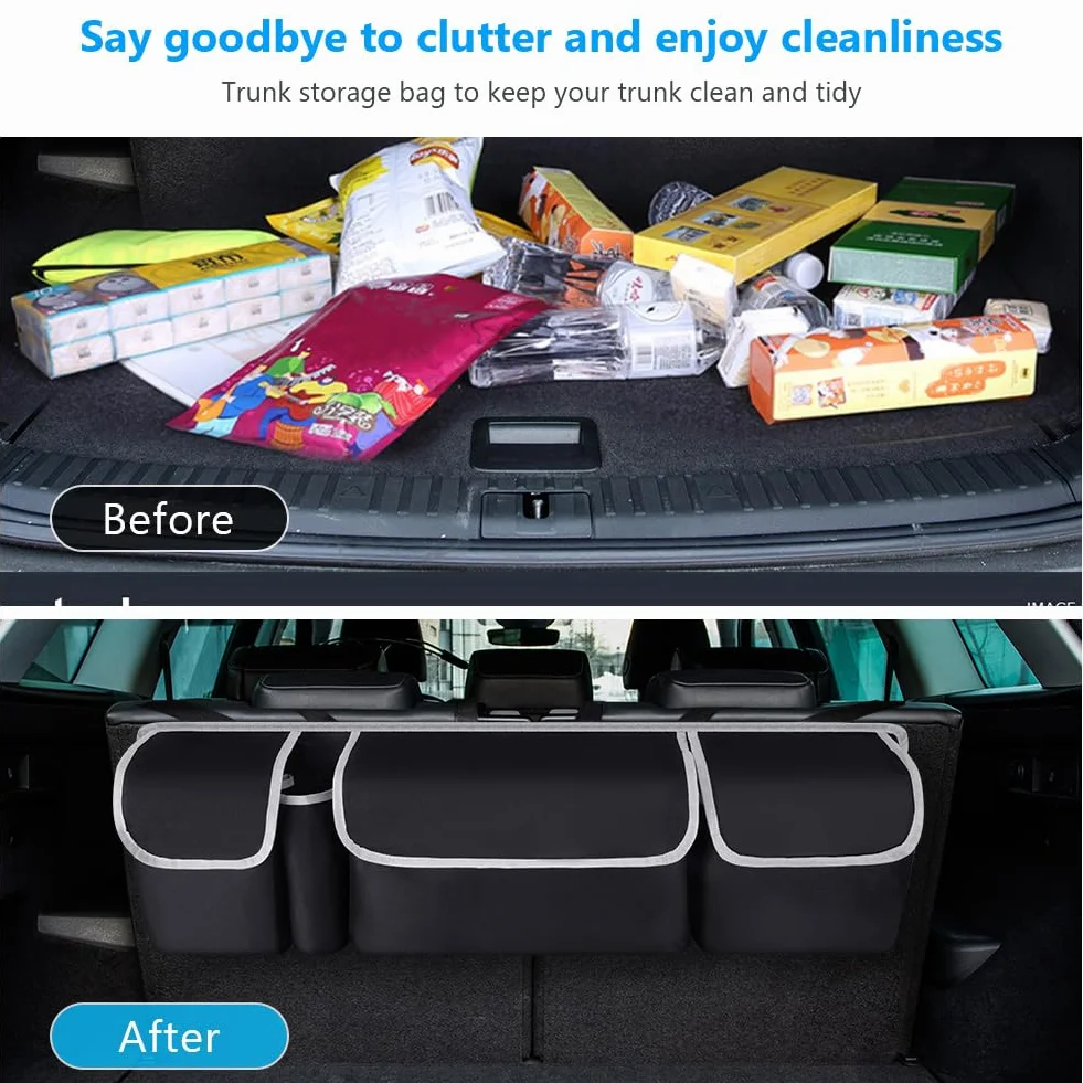 URAQT Organizador de Maletero de Coche, Bolsa de Almacenamiento Plegable para Coche con 4 Bolsillos, Bolsa Impermeable para Maletero del Asiento Trasero, 3 Correas de Hombro Ajustables