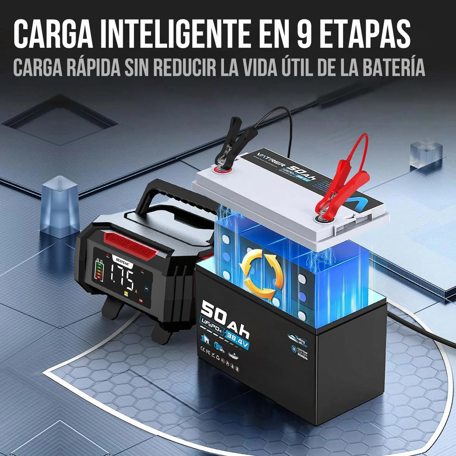 15A Cargador de Batería de Coche, NEXPEAK NC315 12V 24V LiFePO4 Cargador de Batería de Coche Portátil 9-Etapas Batería Inteligente para Coche, Camión, Moto, Cortacésped, Barco, Marina