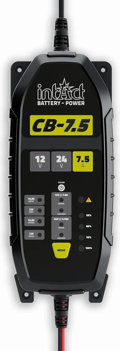 intAct ChargeBox - Cargador para baterías de arranque y alimentación | 7,5 A para baterías de plomo y litio de 12 V y 24 V, con función de carga de mantenimiento y función de reanimación