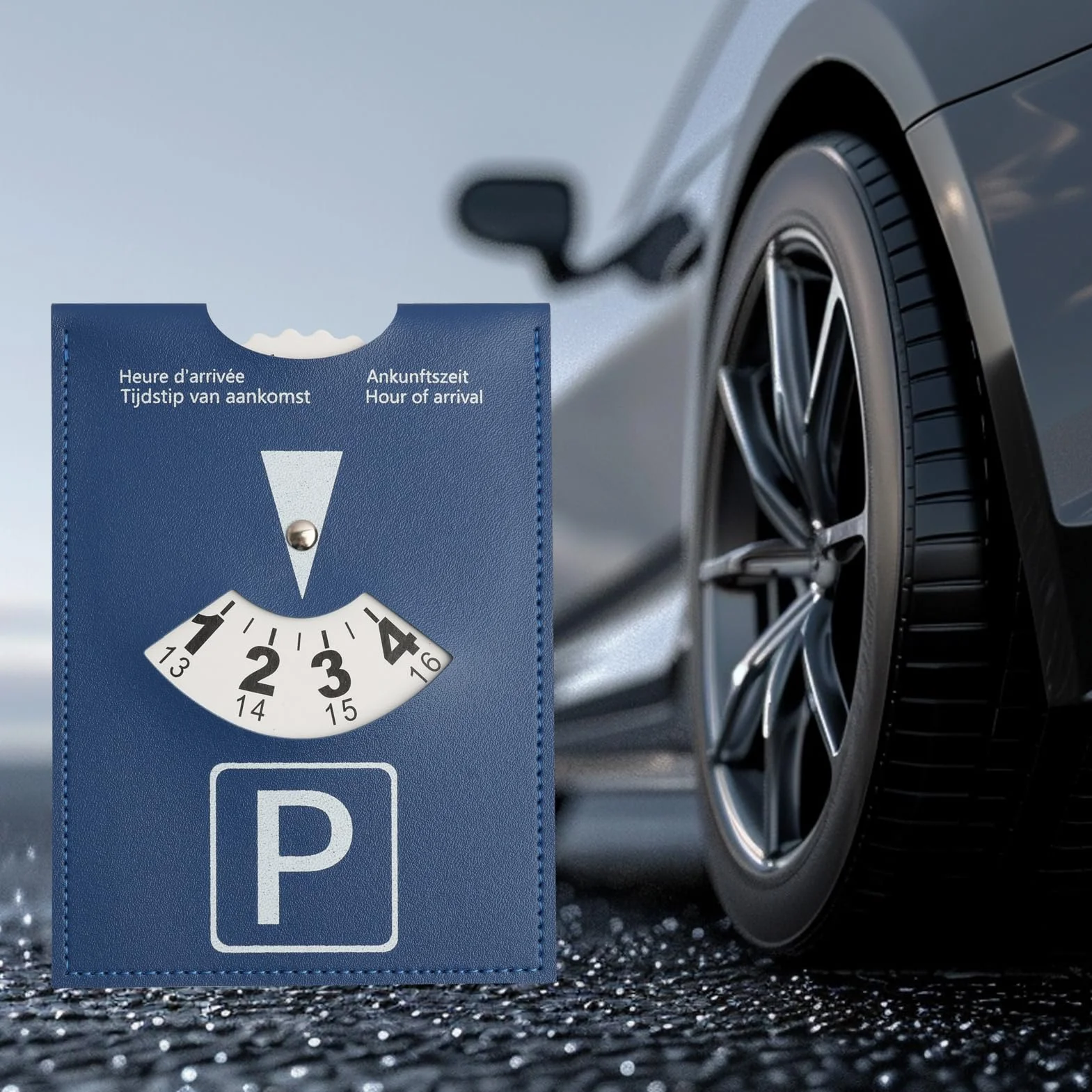 Disco Horario de Lujo Grande para Estacionamiento, Modelo Europeo Multilingüe, en Cuero Sintético Suave al Tacto, 11x15cm, para Coche, Moto y Autocaravana，Azul