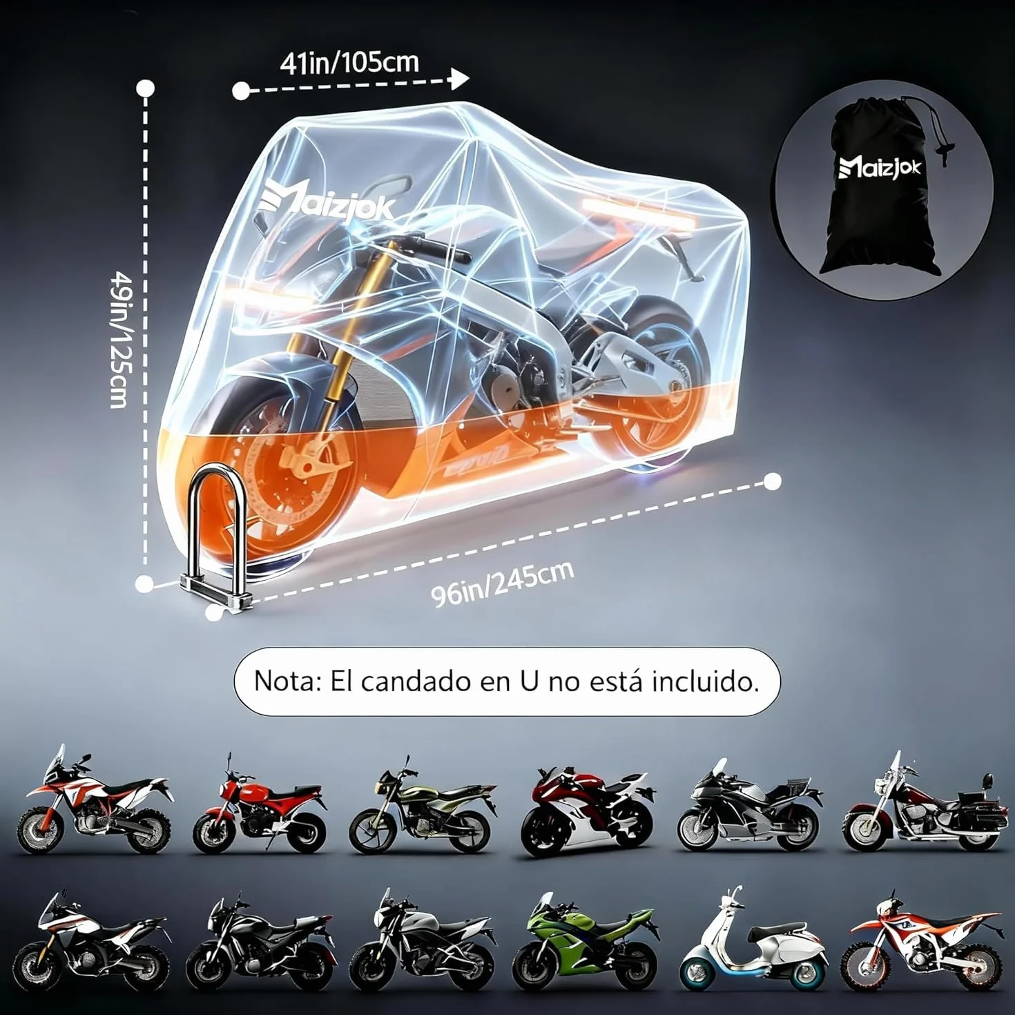 Funda Moto Impermeable 210D Poliéster Cubierta Exterior Protector Lluvia UV XL 245x105x125 cm